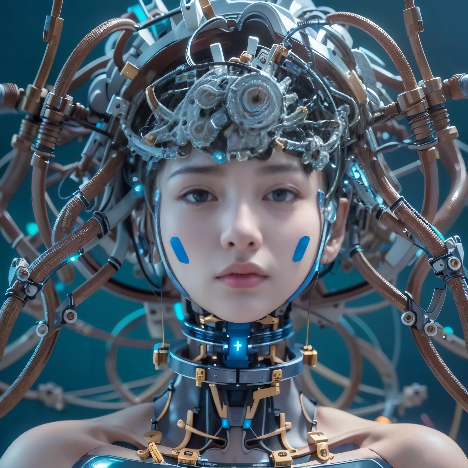 (best quality:1.2), 8k, highres, octan render, (masterpiece), extremely ultra detail, cyborgized Japanese woman, extremely ultra cute face, , skinny body, flat chest,  (blue metallic mechanical frame:1.5), (Power cables connected throughout the body), detaile up, Instead of hair, there are cables growing out of it, mechanical fusion, mechanical skeleton, bio mechanics, mechanical life-form, highly intricate detail, extremely ultra real texture, human-like skin, realistic hair, ultra realistic details, professional lighting, (realistic:1.4), (RAW photo:1.2), (photorealistic:1.5)