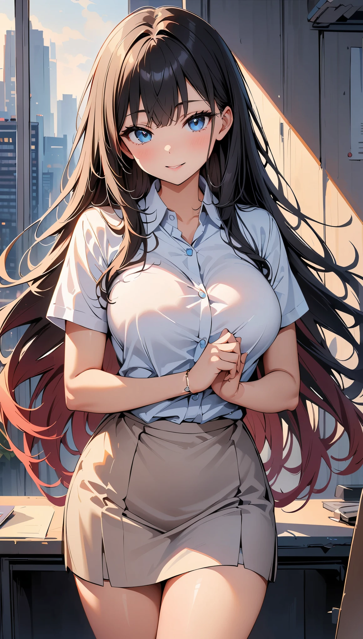 (highest quality, 4k, 8K high resolution, masterpiece:1.2), Super detailed, one person, woman, (black hair, long hair, blue eyes), standing pose, sexy atmosphere, attractive breasts, magic hour, (office uniform, office dress), Emphasis on individuality and uniqueness, detailed and beautiful eyes, beautiful detailed lips, long eyelashes, bright colors, Photo Spot, in front of a white wall, cowboy shot, Soft and warm color palette.