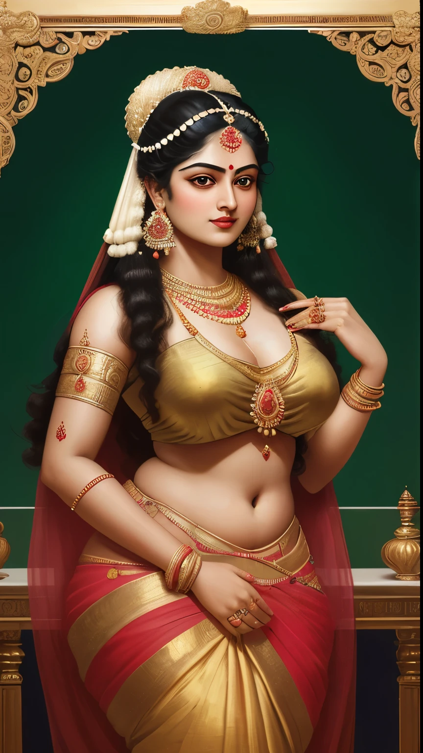 Beautiful painting of a woman in a sari with a necklace and earrings, beautiful thick figure, Thick curvy beauty, looks like Sandeepa Dhar, inspired by Raja Ravi Varma, szukalski ravi varma, portrait of a beautiful goddess, by Raja Ravi Varma, indian goddess, traditional beauty, a stunning portrait of a goddess, inspired by T. K. Padmini, indian art, indian goddess of wealth, portrait of a goddess