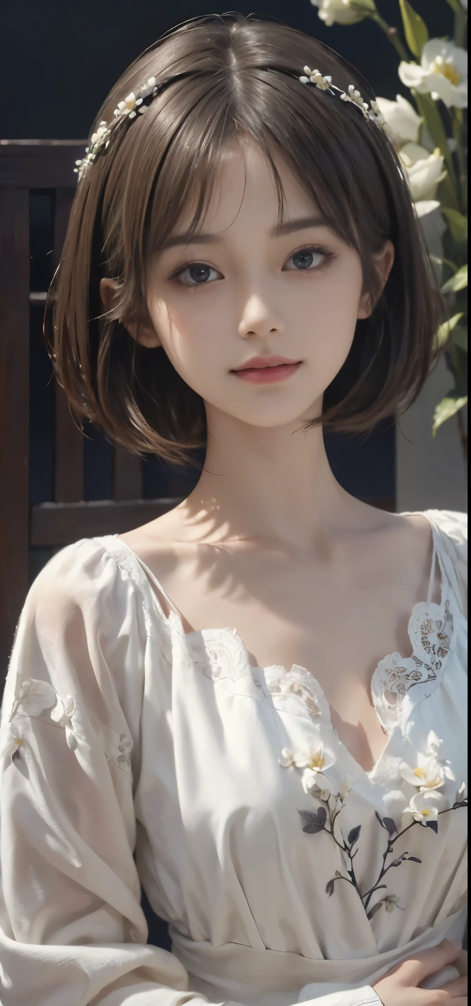 (surreal), (illustration), (Increase resolution), (8K), (Very detailed), (Best illustration), (beautiful and delicate eyes), (best quality), (super detailed), (masterpiece ), ( wallpaper), (Detailed face), alone, 1 girl, looking at the audience, fine details, Detailed face, in the darkness, Deep shadows, low profile, purebred face_v1, Smile, short hair, 46 points oblique bangs,There are many flowers in the background,natural light