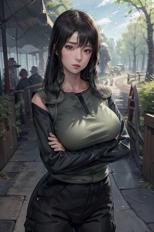 masterpiece, best quality, shizune, vest, long sleeves, pants, looking at viewer, forest, serious, cowboy shot, crossed arms, 1girl ,realistic , (long hair:1.1), (fake huge breast:1.2), (Big Breast W  Cup)