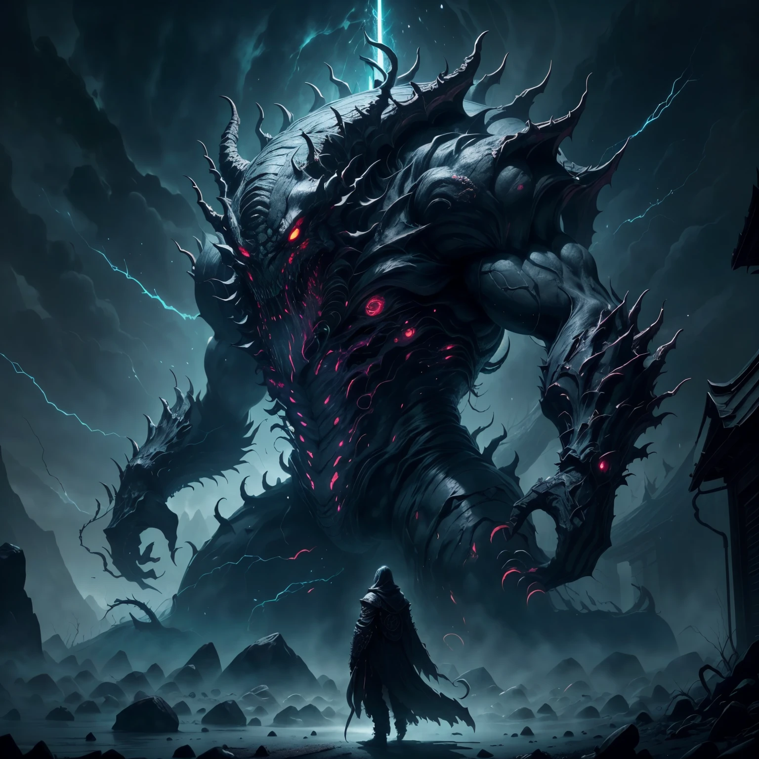 A gigantic and monstrous deformed creature with disgusting tentacles, night, dark environment, darkness, fog, blood