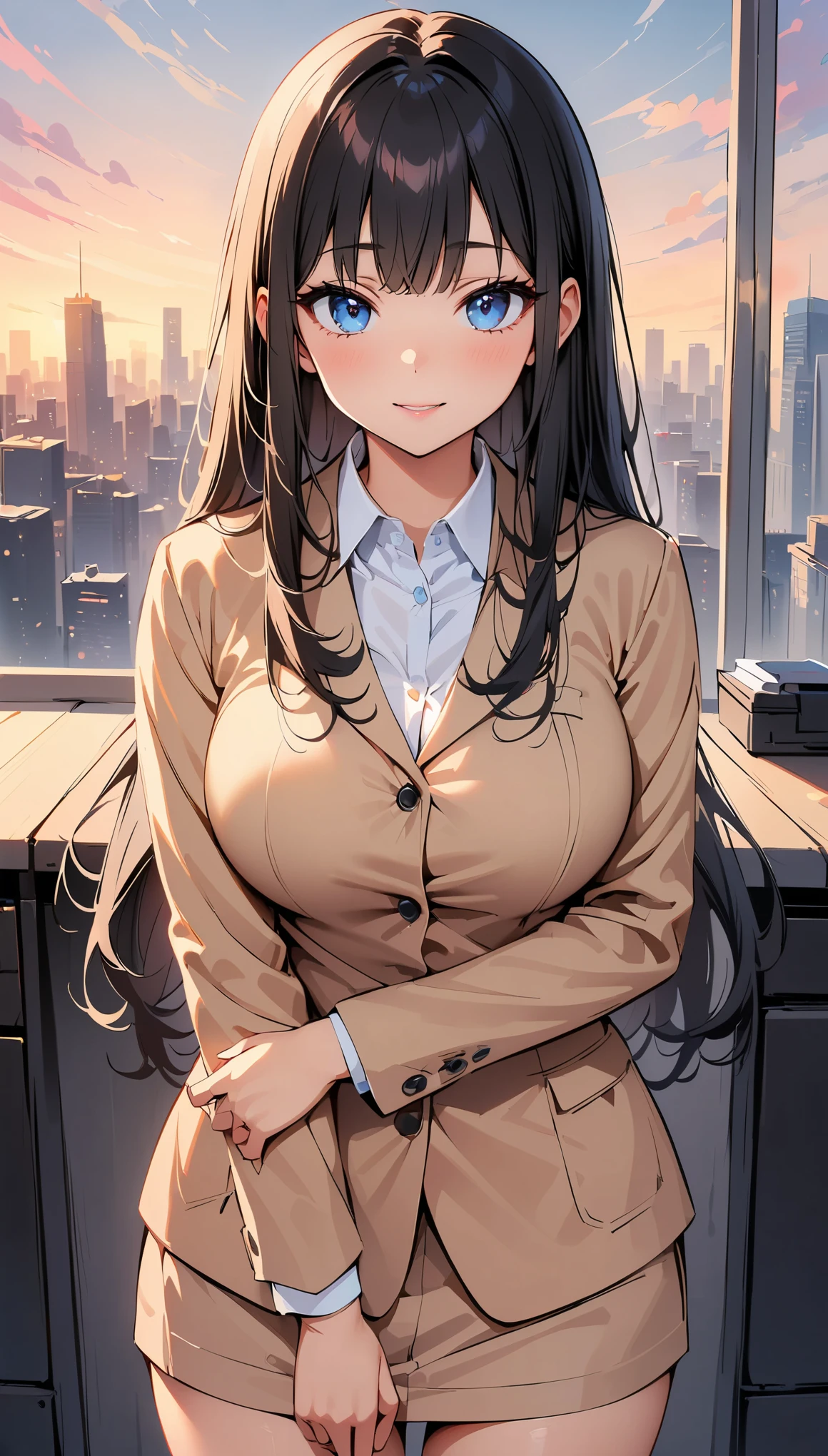 (highest quality, 4k, 8K high resolution, masterpiece:1.2), Super detailed, one person, woman, (black hair, long hair, blue eyes), standing pose, sexy atmosphere, attractive breasts, magic hour, (office uniform, office dress), Emphasis on individuality and uniqueness, detailed and beautiful eyes, beautiful detailed lips, long eyelashes, bright colors, Photo Spot, in front of a white wall, cowboy shot, Soft and warm color palette.