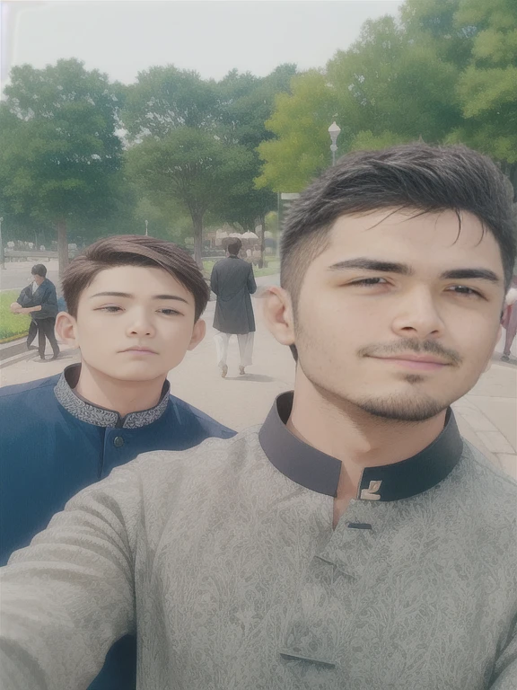 there are two men standing next to each other in a park, candid picture, profile pic, two young men, old picture, very very low quality picture, cute boys, wearing a kurta, profile picture 1024px, brothers, in a park, very clear picture, in city street, a picture, ash thorp khyzyl saleem