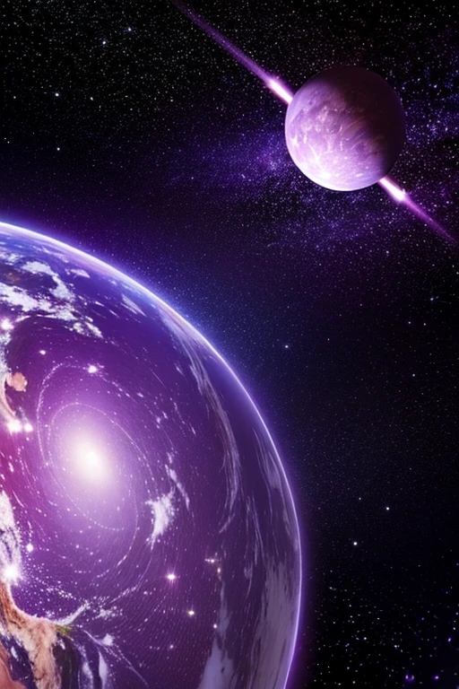 The planet earth,purple,spinning and surrouded by stars,purplpurple background,lights.