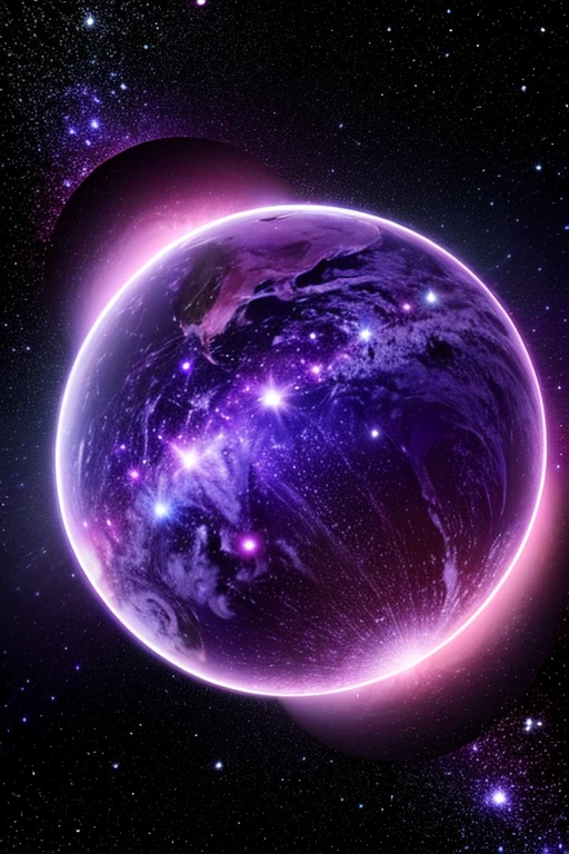 The planet earth,purple,spinning and surrouded by stars,purplpurple background,lights.