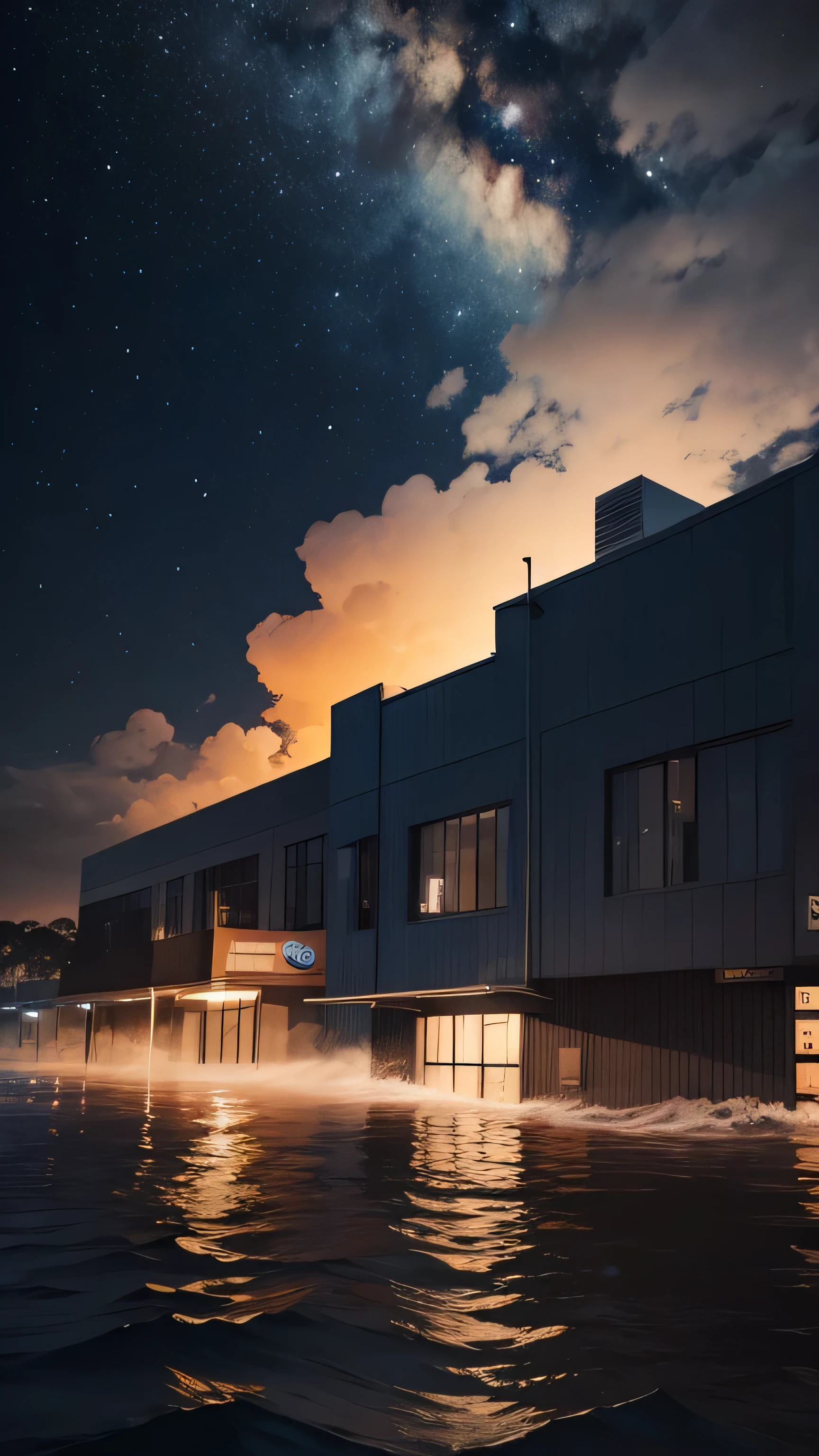 Australia's severe floods, water, drowning building, night sky, 8k