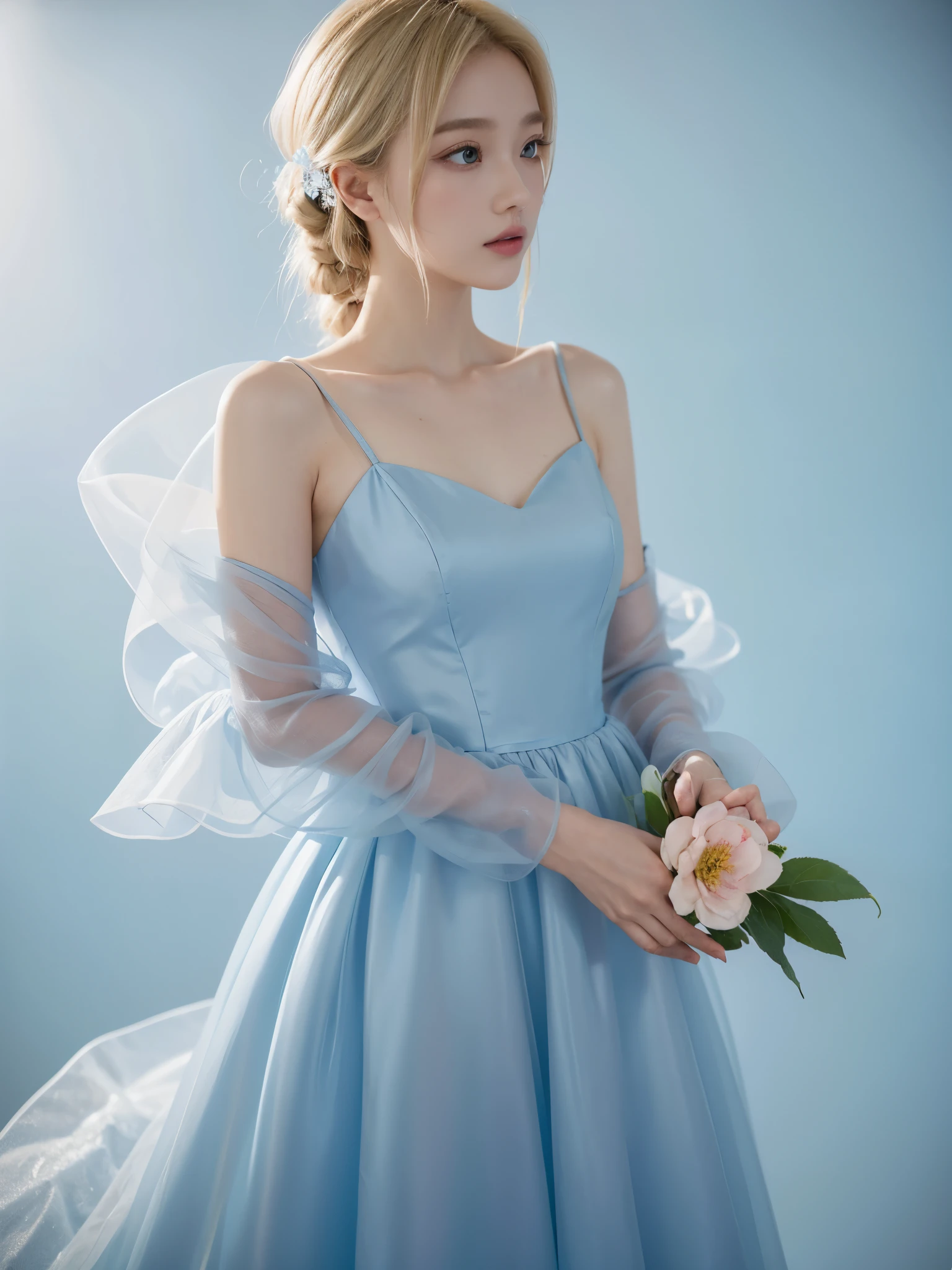 blond woman in 블루빛 옷 holding a flower in her hand, dressed in a blue outfit, Wearing an organza gown and a blue ballroom gown., pink dress, wearing a blue suit, Stylish editorial photography, official valentino editorial, translucent dress, Subtle and dreamy, Pastel blue, celestial fairy tale, very subtle, dreamy and heavenly, blue pastel, lots of merlot, official dior editorial