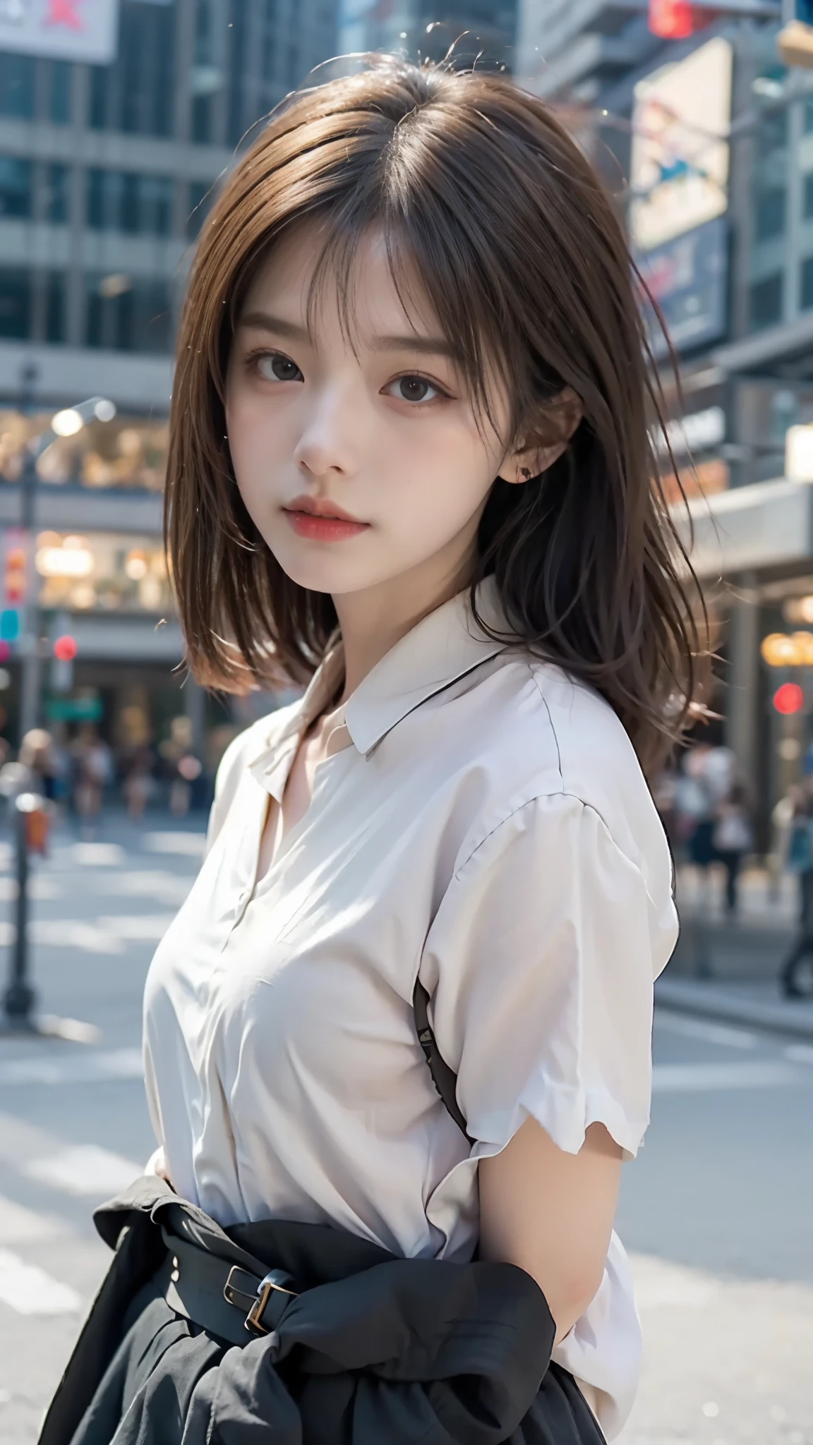 light brown hair、brown hair、hair between eyes、hair behind the ear、short hair、white shirt、uniform、front、negative space、Lens flare、Bokeh、 wide angle、超wide angle、f/1.8、35mm、realism、Depth of the bounds written、futuristic、UHD、retina、masterpiece、correct、anatomically correct、textured skin、super detail、high detail、high quality、 最high quality、High resolution、8K、cyber punk、超futuristic、Digital、on top of the building、Blowing in the wind、fluttering skirt、night、neon city、nightの街、night間、真night中、evening、sunset