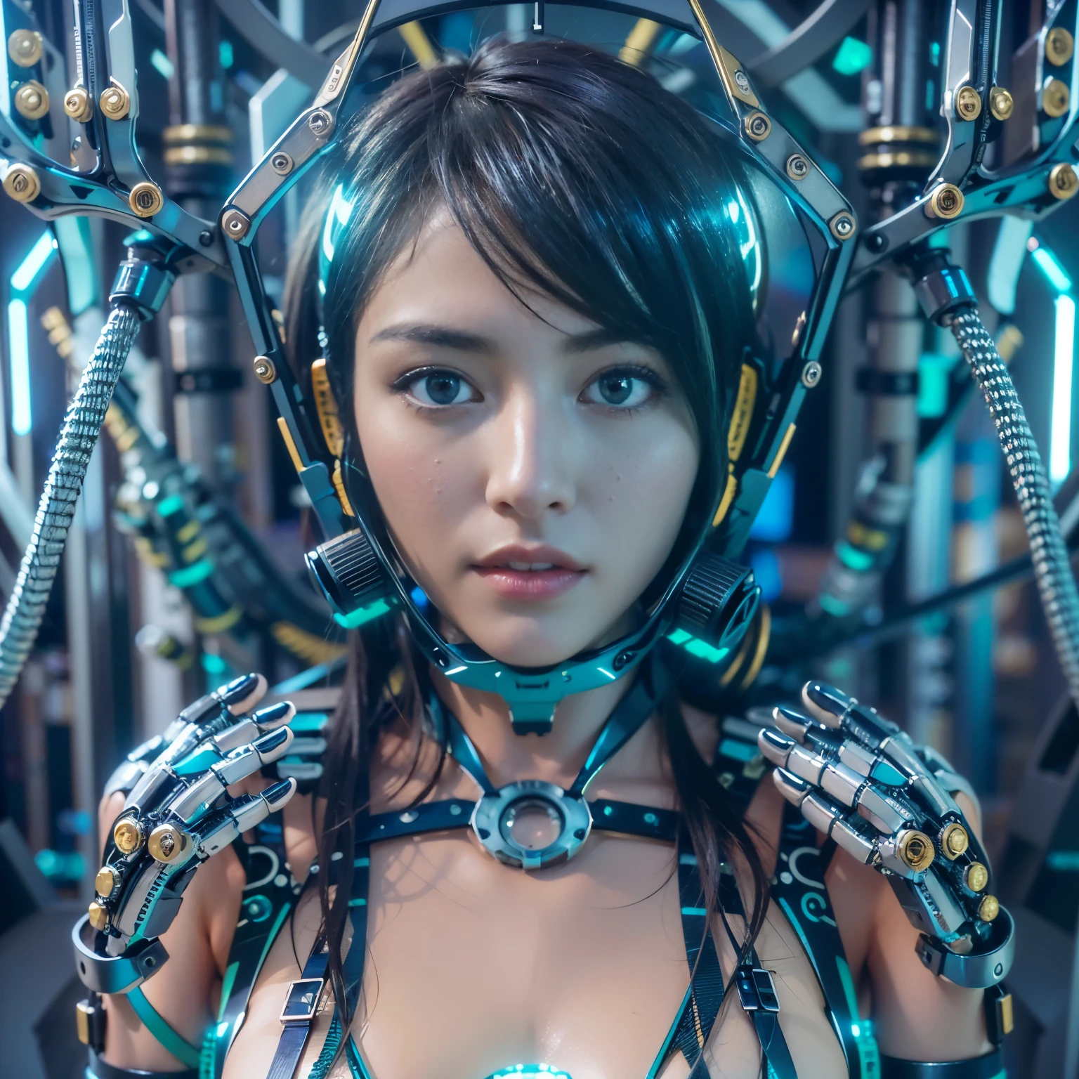 (best quality:1.2), 8k, highres, octan render, (masterpiece), extremely ultra detail, cyborgized Japanese woman, extremely ultra cute face, , skinny body, flat chest, (blue metallic mechanical frame:1.5), (Power cables connected throughout the body), detaile up, Instead of hair, there are cables growing out of it, mechanical fusion, mechanical skeleton, bio mechanics, mechanical life-form, highly intricate detail, extremely ultra real texture, human-like skin, realistic hair, ultra realistic details, professional lighting, (realistic:1.4), (RAW photo:1.2), (photorealistic:1.5)