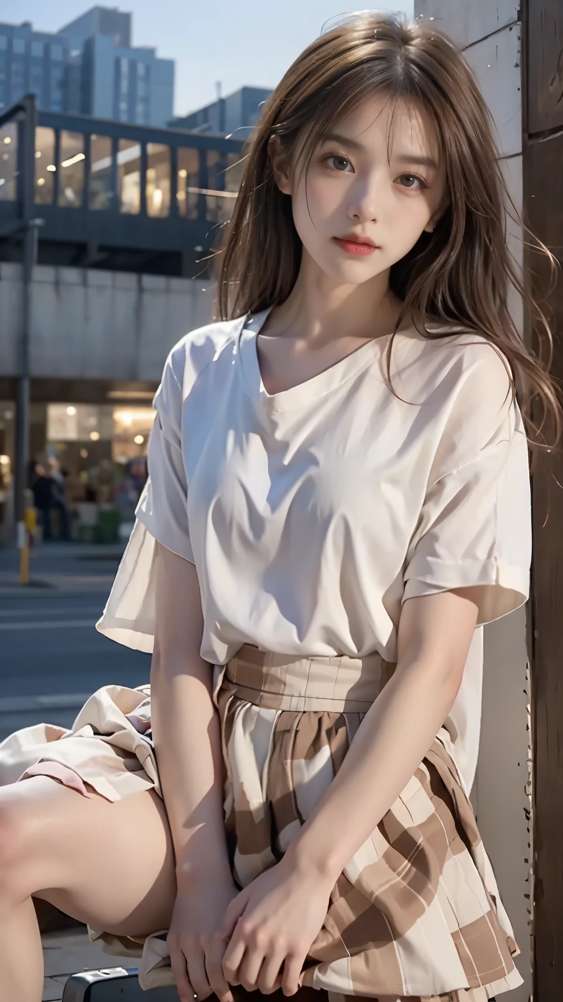 light brown hair、brown hair、hair between eyes、hair behind the ear、short hair、white shirt、uniform、front、negative space、Lens flare、Bokeh、 wide angle、超wide angle、f/1.8、35mm、realism、Depth of the bounds written、futuristic、UHD、retina、masterpiece、correct、anatomically correct、textured skin、super detail、high detail、high quality、 最high quality、High resolution、8K、cyber punk、超futuristic、Digital、on top of the building、Blowing in the wind、fluttering skirt、night、neon city、nightの街、night間、真night中、evening、sunset