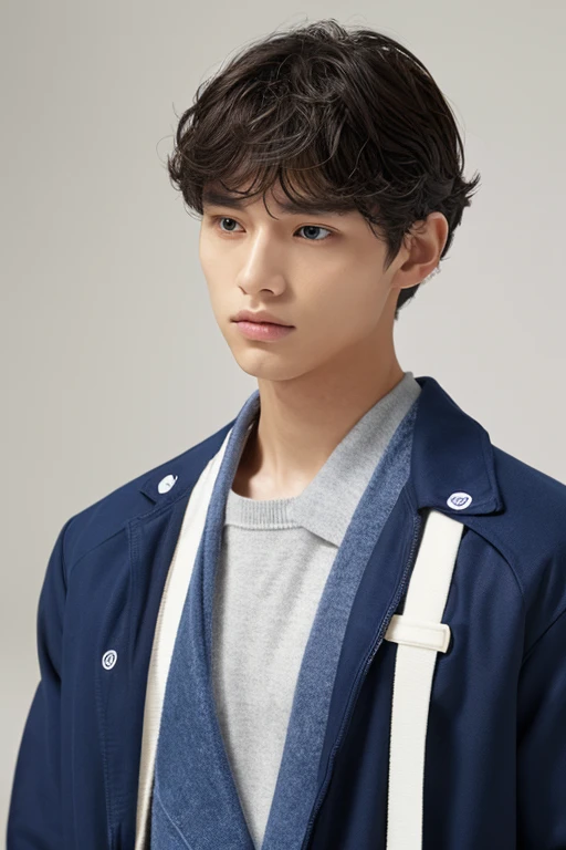 white background、Cube Figurine、Man wearing a navy blue jacket、Face facing