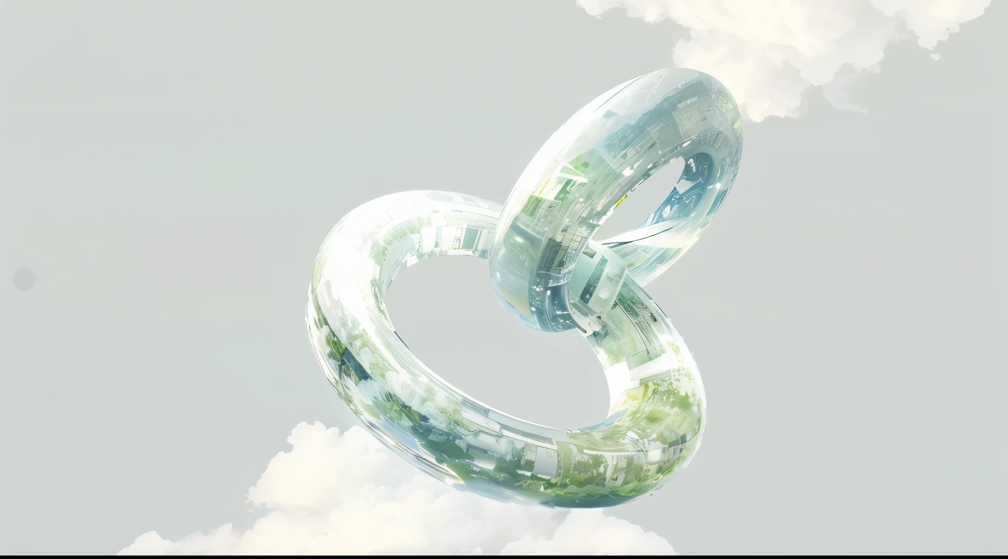 there is a picture of a couple of rings in the sky, floating city in the sky, floating city on clouds, technological rings, floating lands in-clouds, shaped like torus ring, ring in the sky, depicted as a 3 d render, mobius strip shaped planet, ringworld, metamorphosis complex 3d render, cycles 3 d render