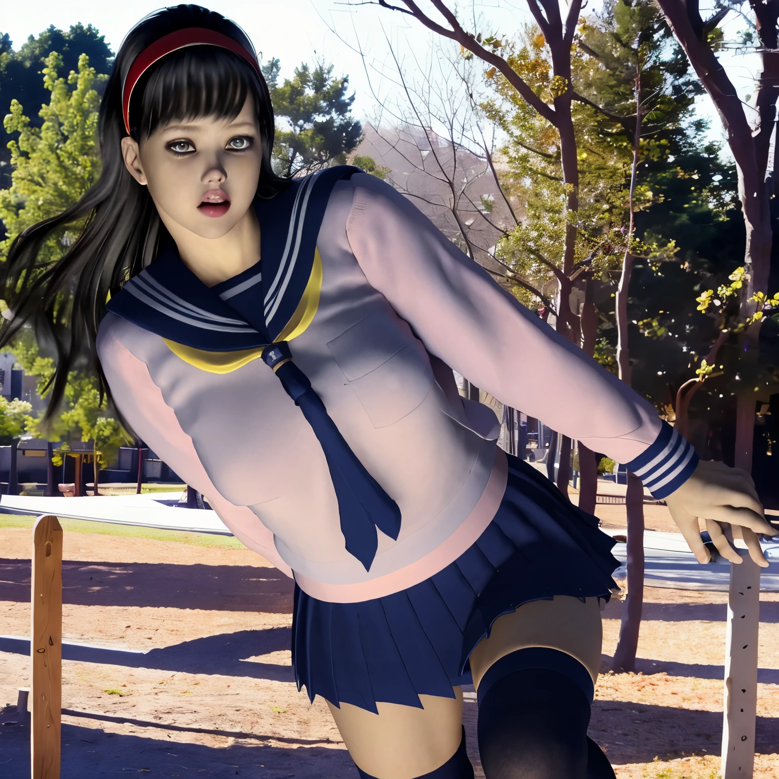 realistic, highest quality, 1 female, mature, ((blush)), Sweat, Santa Cap, blonde bob hair, (8K, highest quality, masterpiece:1.2), (realistic, photo-realistic:1.37), Super detailed,highest quality, ultra high resolution, professional lighting, photon mapping, radio city, Physically based rendering, cinematic lighting, midnight road,Depth of written boundary, sharp focus, light, good composition,(beautiful thighs) 1 girl,alone,(whole body), ((high school girl sailor suit、navy knee socks)),fine and beautiful eyes, temporarily stop, tight waist,Japanese high school girl, black hair,messy hair,long hair fluttering in the wind,(Ulzzang-6500:1.2) mix 4, 