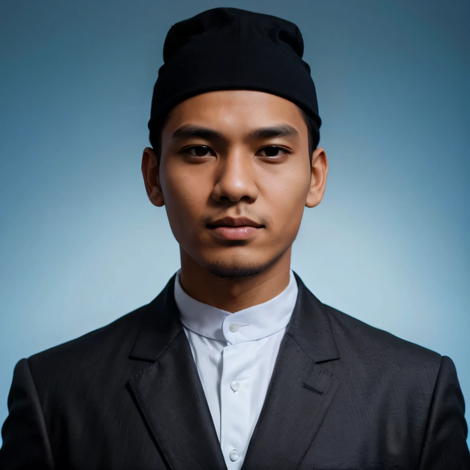 Pas photo facing forward of an Indonesian young man, wearing a black skullcap, wearing a black jacket with white Muslim clothes underneath on a blue background, realistic