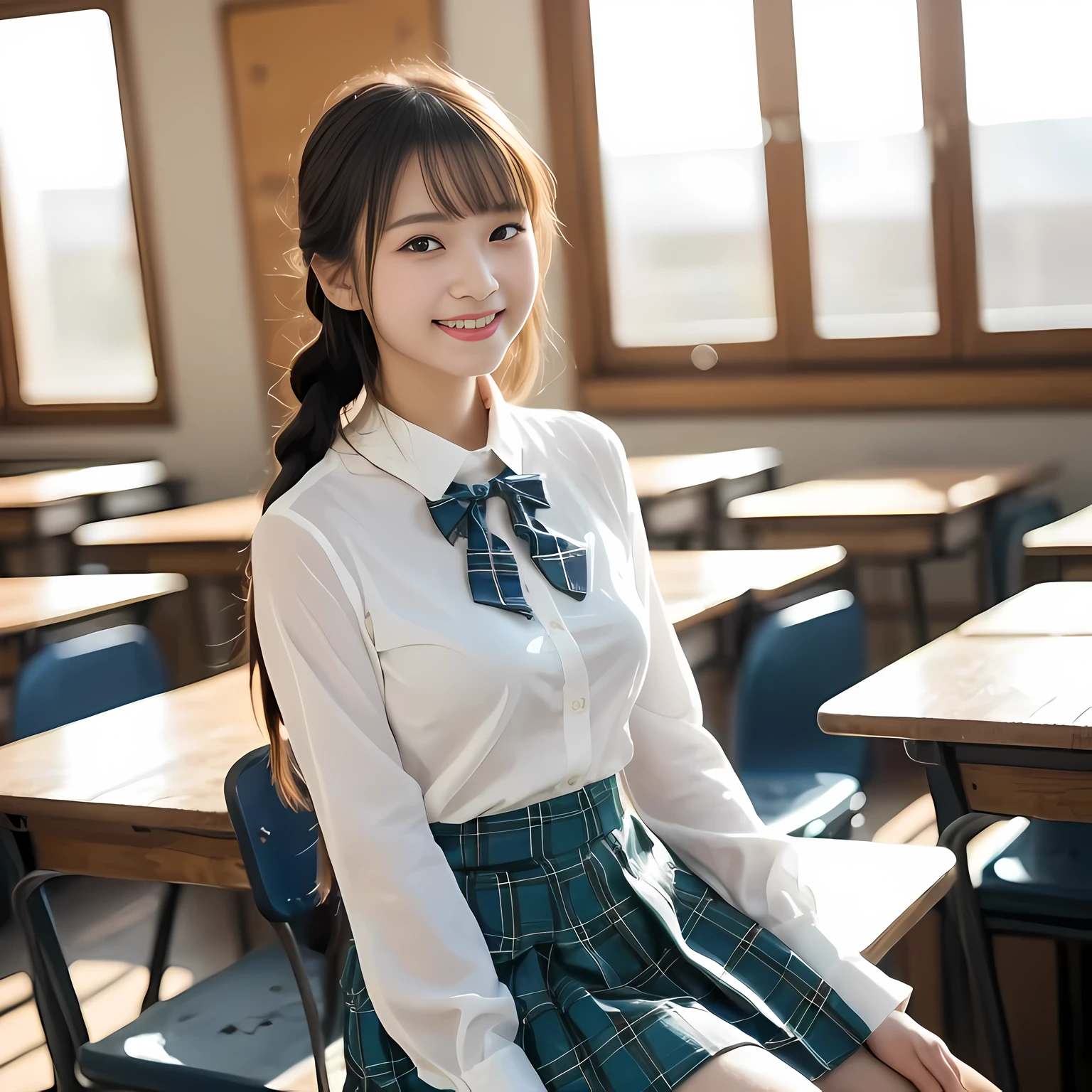 (highest quality、masterpiece:1.2)、highest quality、realistic、photograph、High resolution、1080p、8K、Pale, rough skin、The face is especially pale., physical rendering、((Height: 155cm)), one Japanese girl、A siren-like Japanese junior high school student sitting in a school music room、cute japanese girl, ************, , (((big very detailed beautiful dark brown eyes))), ((blue girly large wine-red glossy polyester Japanese school ribbon bow tie)), ((((very beautiful black long braids hair)))), ((((deep blue colored tartan checkered formal long pleated pleated skirt)))), ((Shiny beige blouse)), (((Looking at the viewers with loving eyes, smiling))), ((((Very happy)))), mouth is open, The big skirt is very cute, detailed fingers, Slender body, ((curled bangs)), so beautiful, long eyelashes, ((Very big and very very very cute eyes of a Japanese girl)), ((large pupils)), double eyelids, The entire skirt is photographed, Very cute face, thin eyebrows, ((drooping eyes)), ((long eyelashes)), ((cute lovely lovely laughing laughing cheeks)), ((The pure white light hits her face from the front, making her skin and eyes shine beautifully.)), (((((Very neat and very cute. Very neat and cute face.))))), shot from the side, ((idol face)), ((The sun is shining on my cheeks))