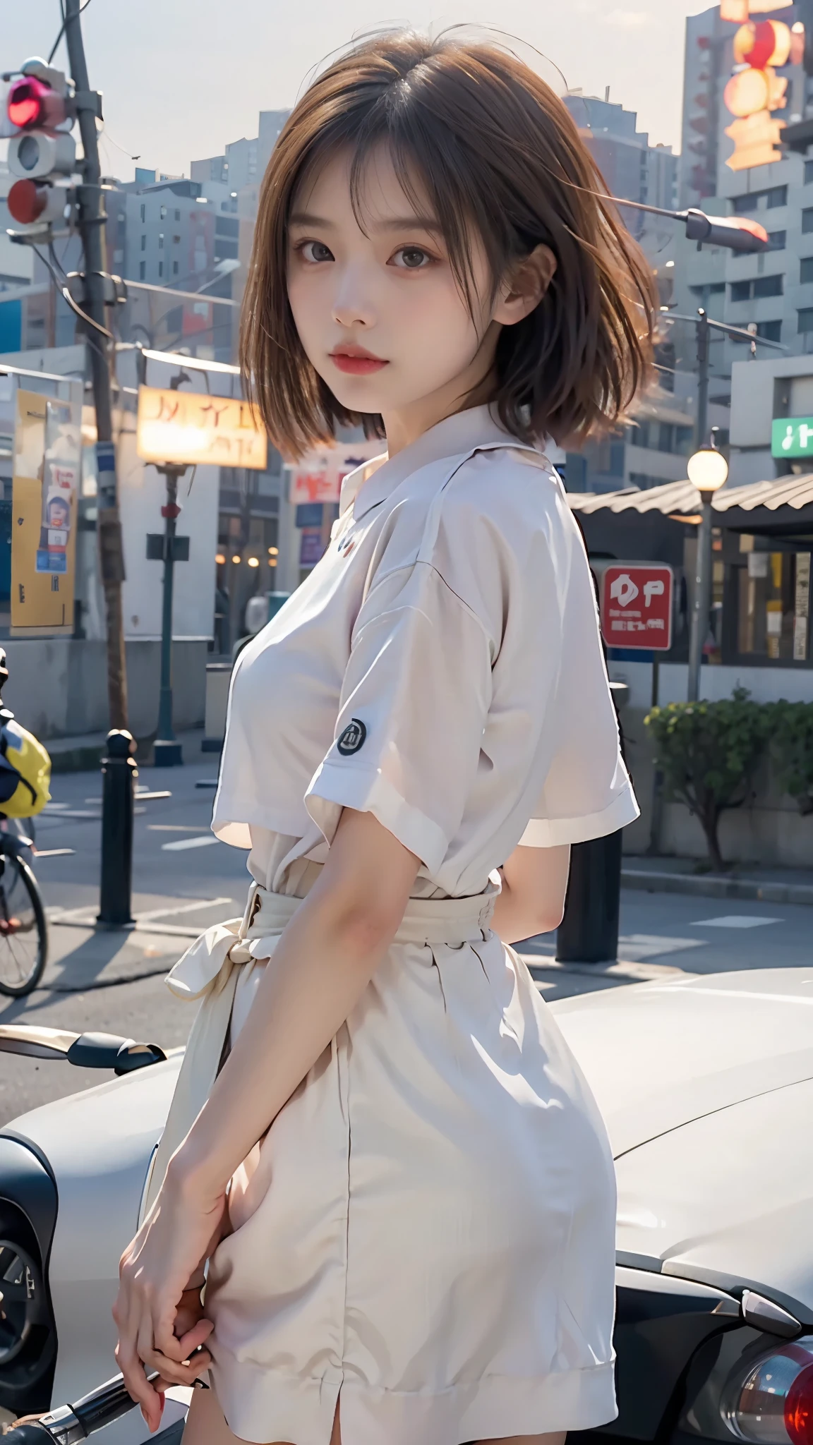 light brown hair、brown hair、hair between eyes、hair behind the ear、short hair、white shirt、uniform、front、negative space、Lens flare、Bokeh、 wide angle、超wide angle、f/1.8、35mm、realism、Depth of the bounds written、futuristic、UHD、retina、masterpiece、correct、anatomically correct、textured skin、super detail、high detail、high quality、 最high quality、High resolution、8K、cyber punk、超futuristic、Digital、on top of the building、Blowing in the wind、fluttering skirt、night、neon city、nightの街、night間、真night中、evening、sunset、Illuminated by neon lights、sunsetに照らされてる