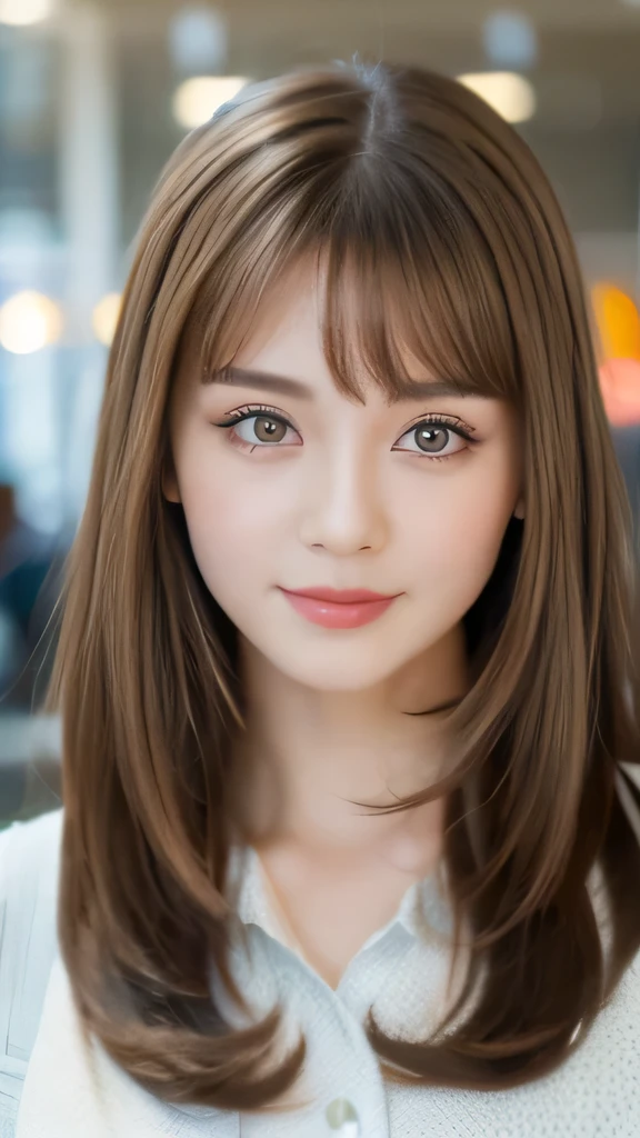 Best quality, 8k,  ,Masterpiece :1.3)), facing viewer,((full body1.2)) ,pretty woman, wide shot ,1girl, , selfie   ,  Cafeteria,, , brown hair  , bangs,ultra-detailed face, highly detailed lips, detailed eyes, double eyelid