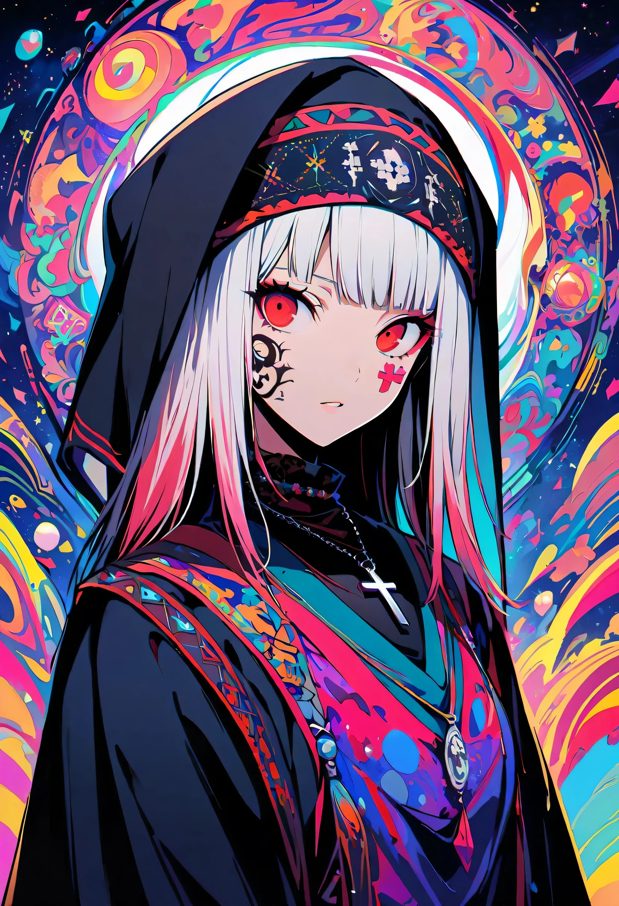 realist, (masterpiece, top quality, best quality, official art, beauty, Atmospheric, cosmic, Gothic, Psychedelic, dreamlike, fear, Tokyo Ghoul and Devil May Cry style: 1.2), Very detailed, fractal art, Gorgeous, More detail, Zentangle, (abstract background: 1.5) (1 Chico: 1.3), , Onikaku, long White hair, hair, (bright red eyes, face tattoo), mystery, dark magic, (nun), (Black gauze bandana), (Cross necklace), Japanese folk style