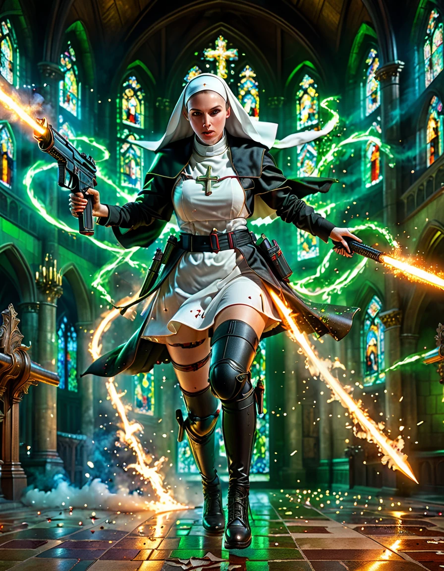 (nun in beautiful church:1.6),holding assault rifle,Green magic element,green fire,Fantasy fairy tale background,fear,bloody,Ultra HD animation,Beautiful animation,Neon lights,(Liquid light background),(UHD, masterpiece, ccurate, anatomically correct, textured skin, super detail, high details, award winning, best quality, 8k)
