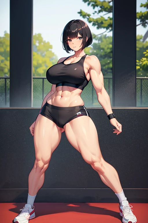 muscular girl, black hair, short bob cut hairstyle, curvy, wide hips, huge breasts, full body, tennis, white socks, sport bra, embarrased expression