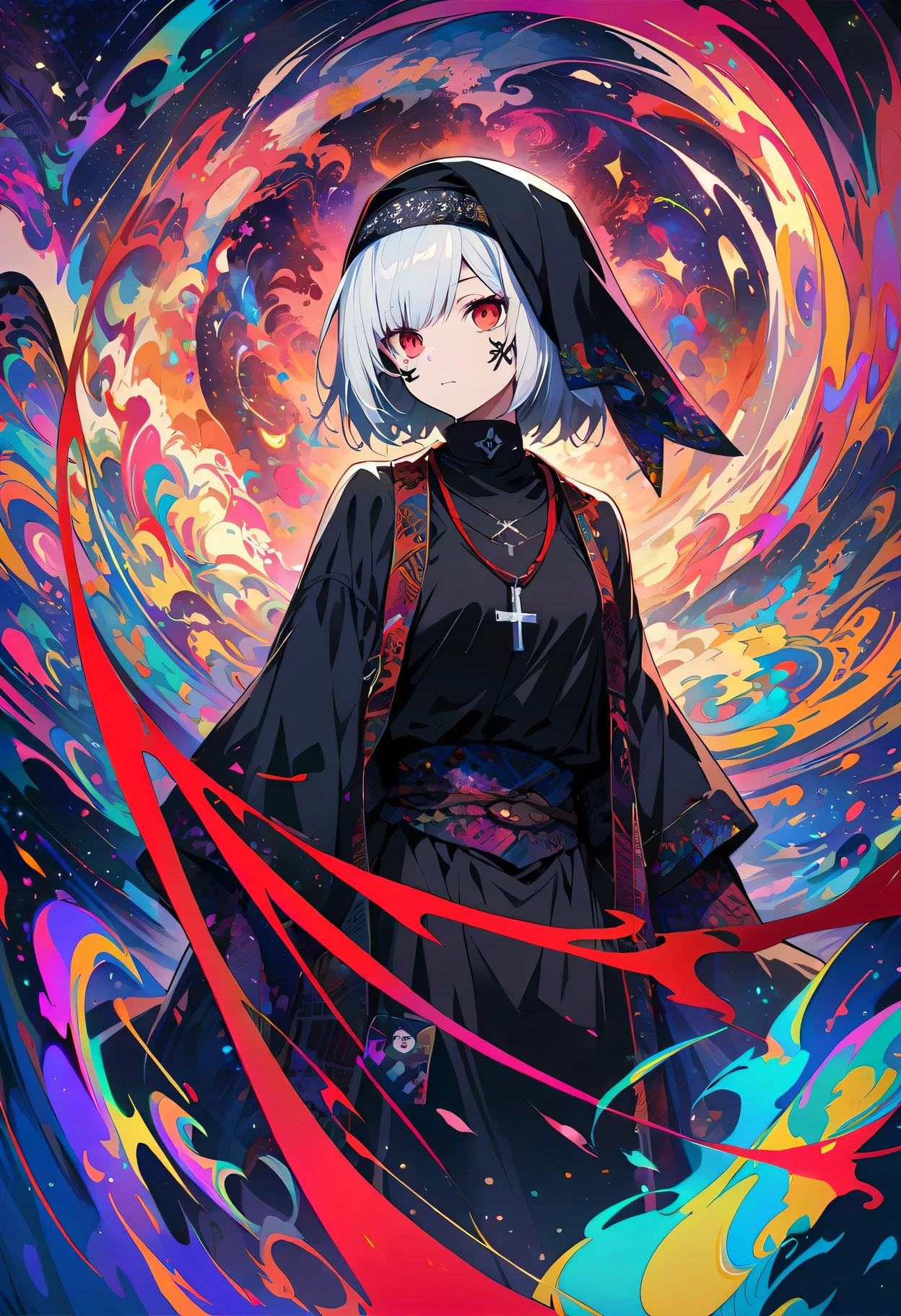 realist, (masterpiece, top quality, best quality, official art, beauty, Atmospheric, cosmic, Gothic, Psychedelic, dreamlike, fear, Tokyo Ghoul and Devil May Cry style: 1.2), Very detailed, fractal art, Gorgeous, More detail, Zentangle, (abstract background: 1.5) (1 Chico: 1.3), , Onikaku, long White hair, hair, (bright red eyes, face tattoo), mystery, dark magic, (nun), (Black gauze bandana), (Cross necklace), Japanese folk style