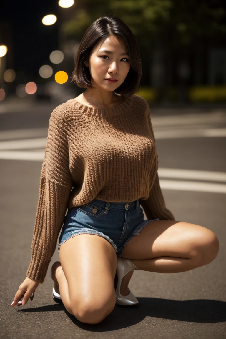 Portrait of a middle-aged Taiwanese woman, 40 years old, cute face, Slim, Tortitz, (big sagging:1.1), huge nipples, wear (Sexy sweater:1.2),  Bokeh background, Simple background, (highly refined skin:1.0), (masterpiece:1.2) (lifelike:1.2) (Bokeh) (best quality) (intricate details) (8K) (high dynamic range) (analog film) (canon d5) (movie lighting) (sharp focus),On the street, kneeling，High heel，whole body