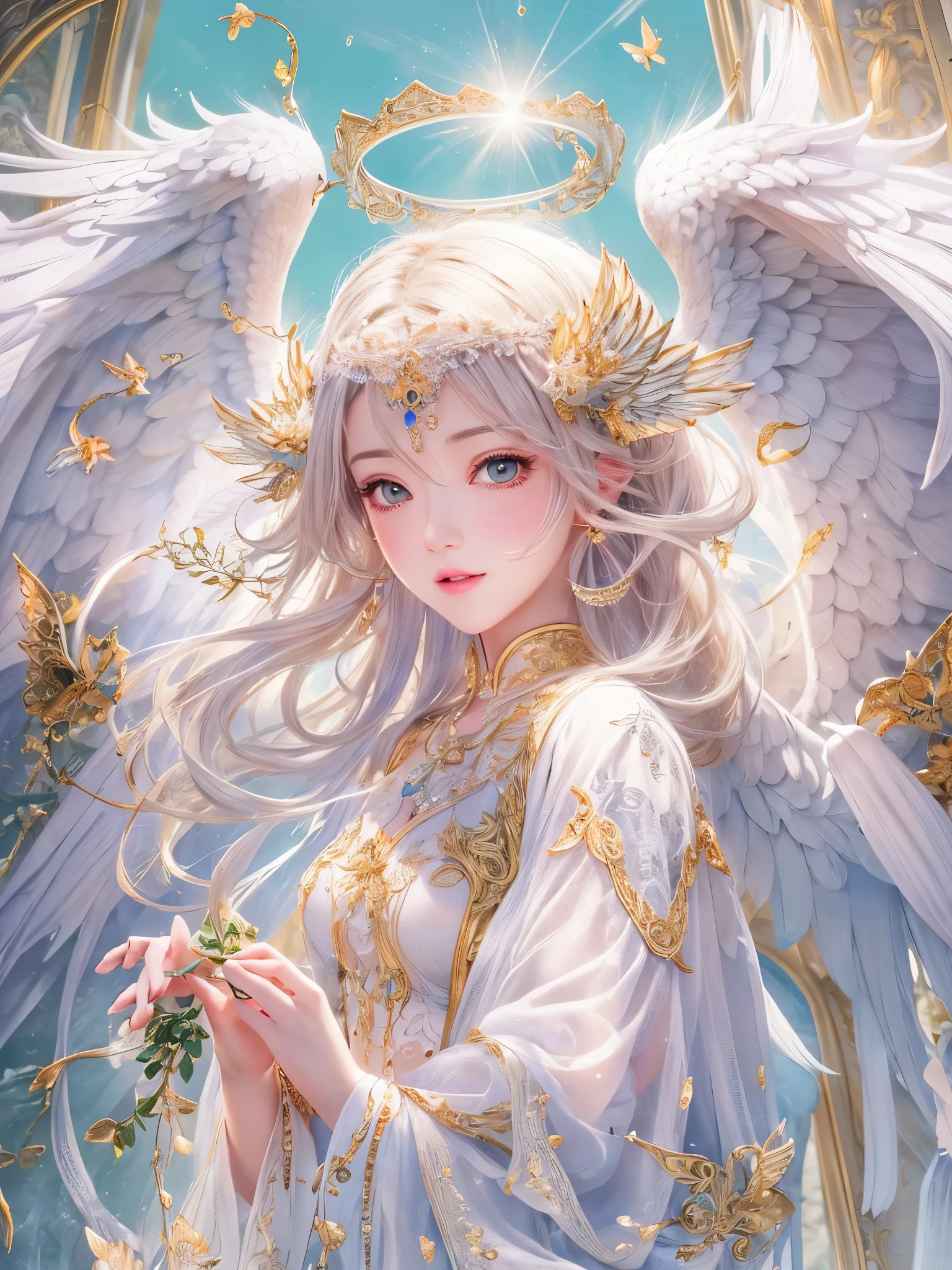 ((highest quality)),(ultra high resolution),(Super detailed),(detailed description),((best CG)),(best work of art),super precision art,amazing drawing art,(Fantasy art with intricate detail:1.5), (Female angels:1.6),Beautiful scenery, Sunny、refreshing、peace