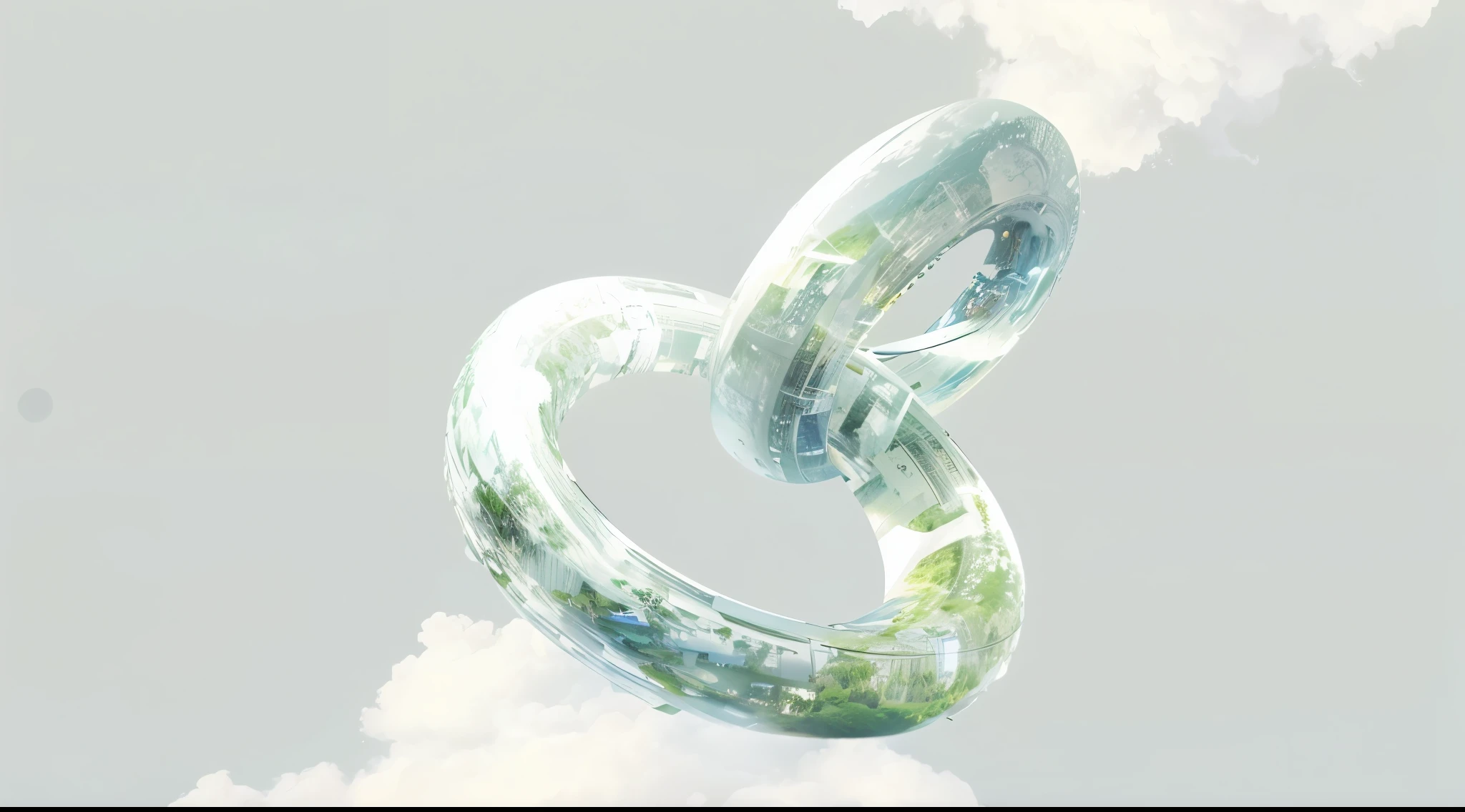 there is a picture of a couple of rings in the sky, floating city in the sky, floating city on clouds, technological rings, floating lands in-clouds, shaped like torus ring, ring in the sky, depicted as a 3 d render, mobius strip shaped planet, ringworld, metamorphosis complex 3d render, cycles 3 d render