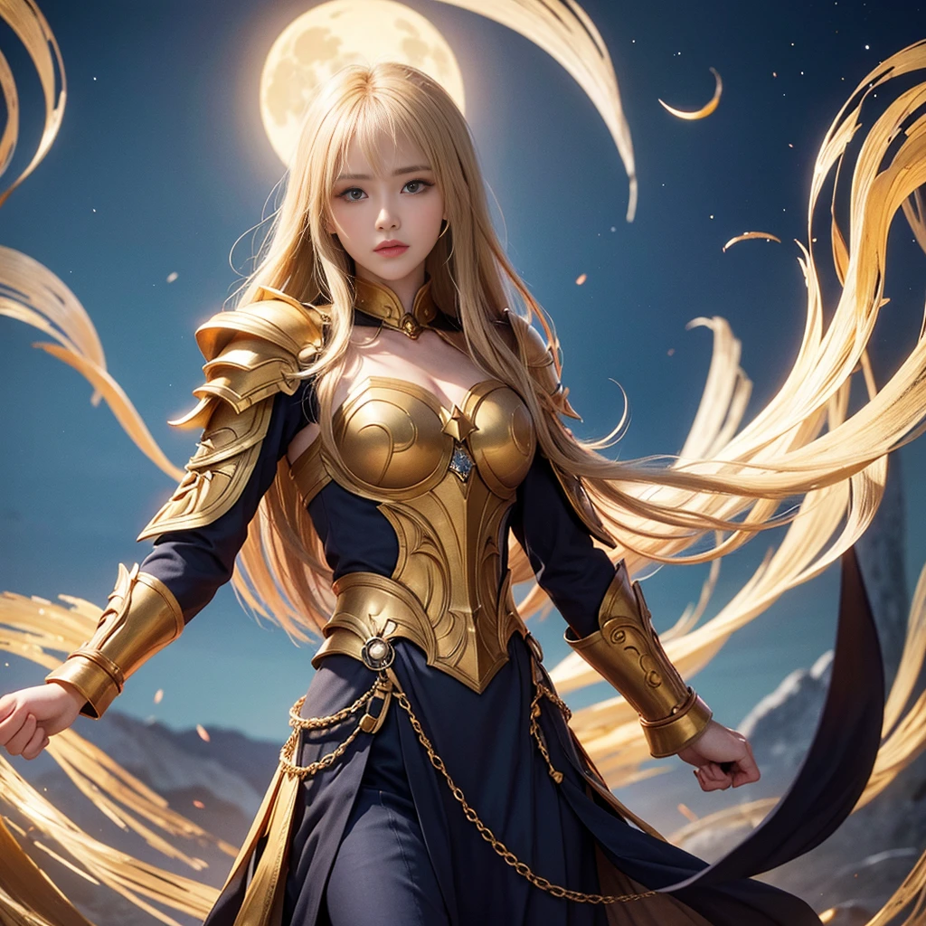 ((highest quality)), ((masterpiece)), (be familiar with), Perfect face, shoulder-length blonde hair、28 year old woman。He is clad in dazzling golden armor and is desperately blocking enemy attacks with his golden shield.。
The background is、Round full moon behind。Sea of night