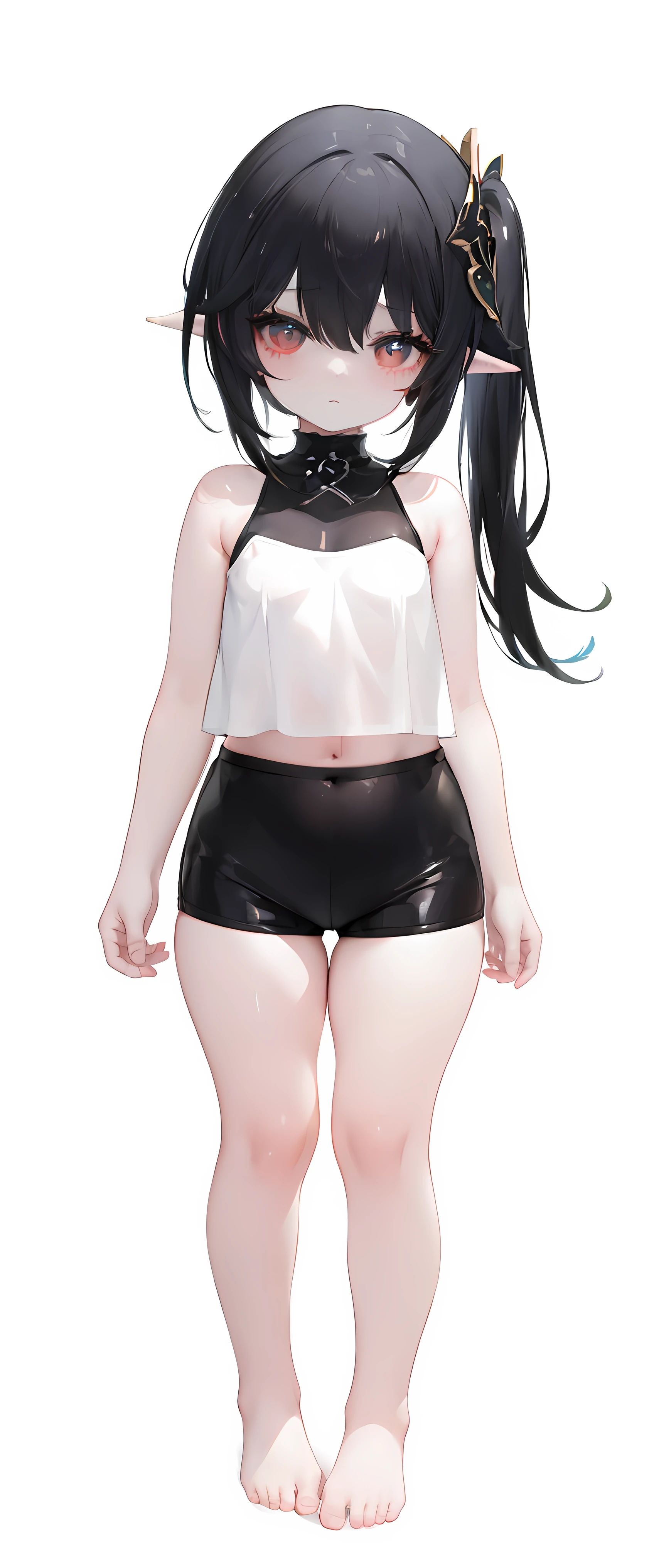 ,child,cute,black hair,thick thigh ,short leather pants,black mini camisole, thick thighs,flat chest,black color tank top,black mini camisole,crop top, Nahida, loli,child,flat chest,fullbody, thick thighs, blushing,loli,, standing straight, head to toe capture on the frame,loli,, toes,bare feet,, ,white background, cute,open abdomen,perfect body ratio, body ratio, white background, front facing, looking at viewer, ,, baby girl