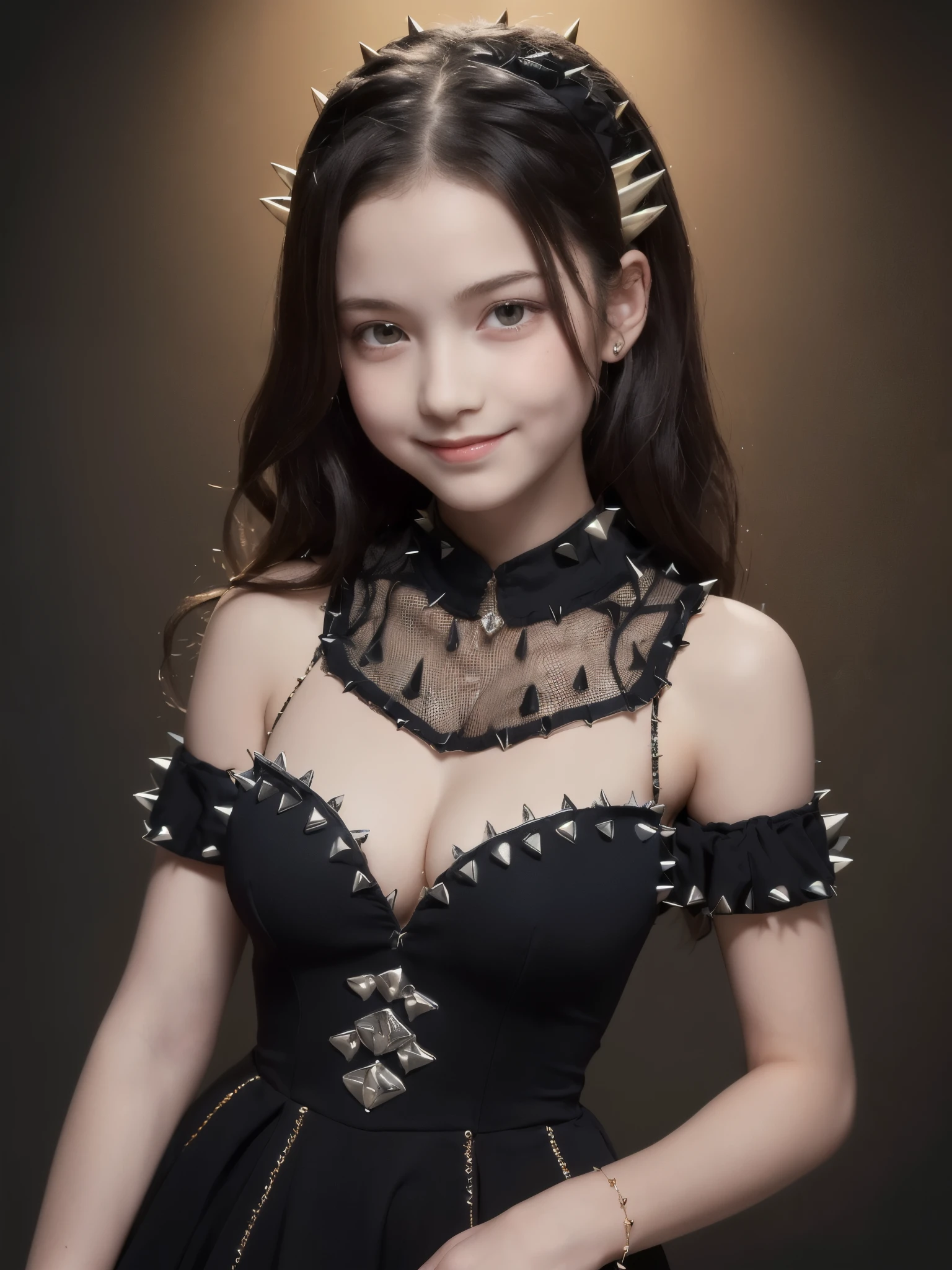 1girl, (, cute:1.6), see-through_lace-trimmed_fishnet, large breast, cuff_bracelet, (spike_embellishment:1.4), (best_quality, masterpiece:1.2), (highly detailed), (4k, 8k, uhd, high_resolution, highres), smile,