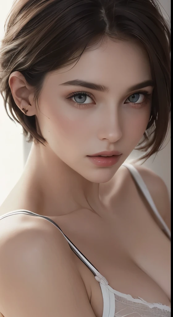 8K uhd、RAWphotograph、モデルphotograph撮影、 European race、(masterpiece、highest quality、Photorealistic、High resolution、photograph:1.3)、Close-up、Focusing、Hot Model、slim、30 year old mature woman、Small face、No makeup、Short Hair、Dark Brown Hair、Fine beautiful eyes、Realスキン、(perfect body)、Sexy hot face、Erotic、Sexual gaze、slim、Detailed beautiful eyes、Glossy lips、Small breasts、Small breasts、Bust B cup、Bright light、Real、超Real、 realism、Realなディテール、Cool beauty、Cool pose、Background gray、Plain grey background