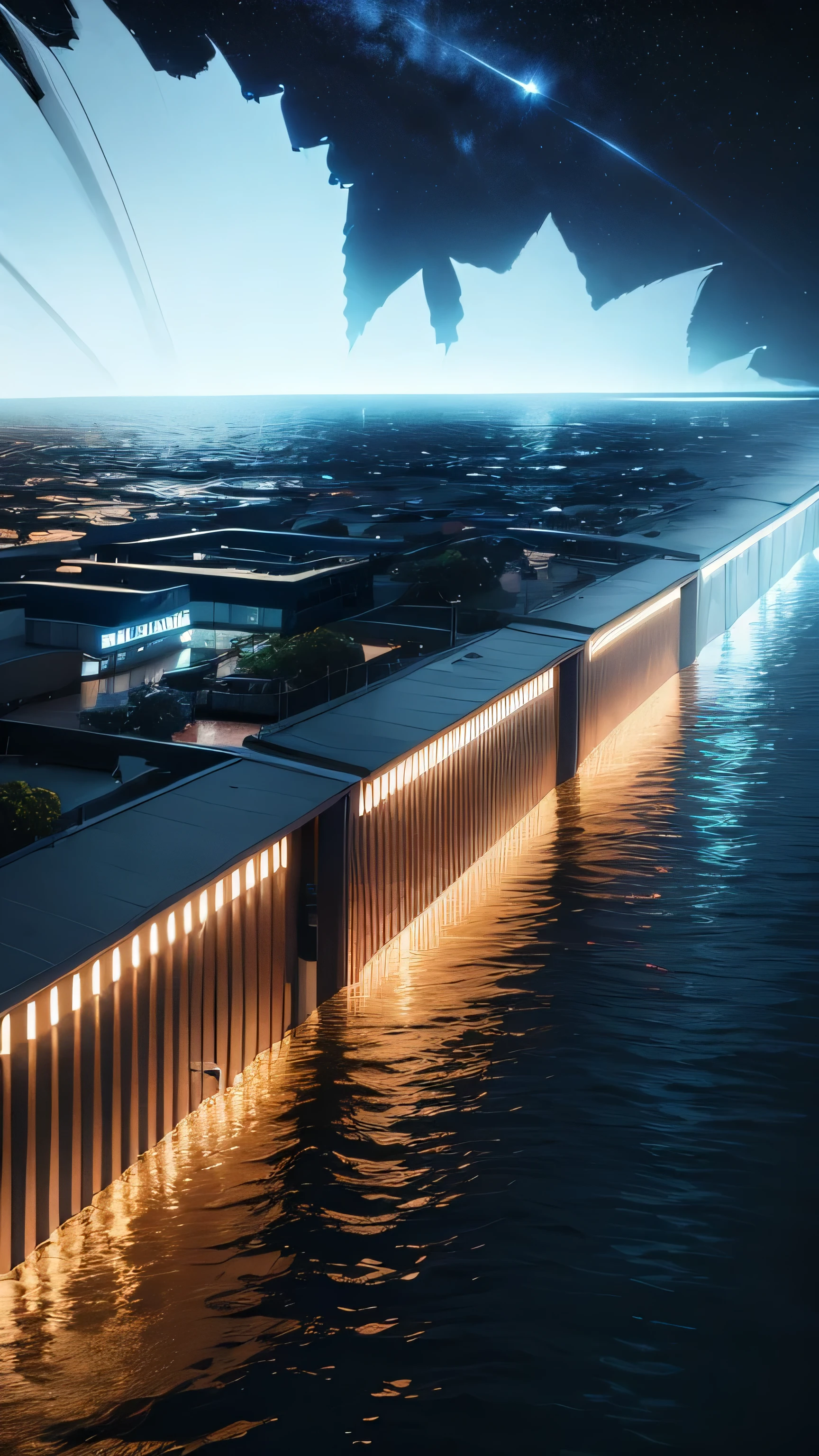 Australia's severe floods, water, drowning building, night sky, 8k