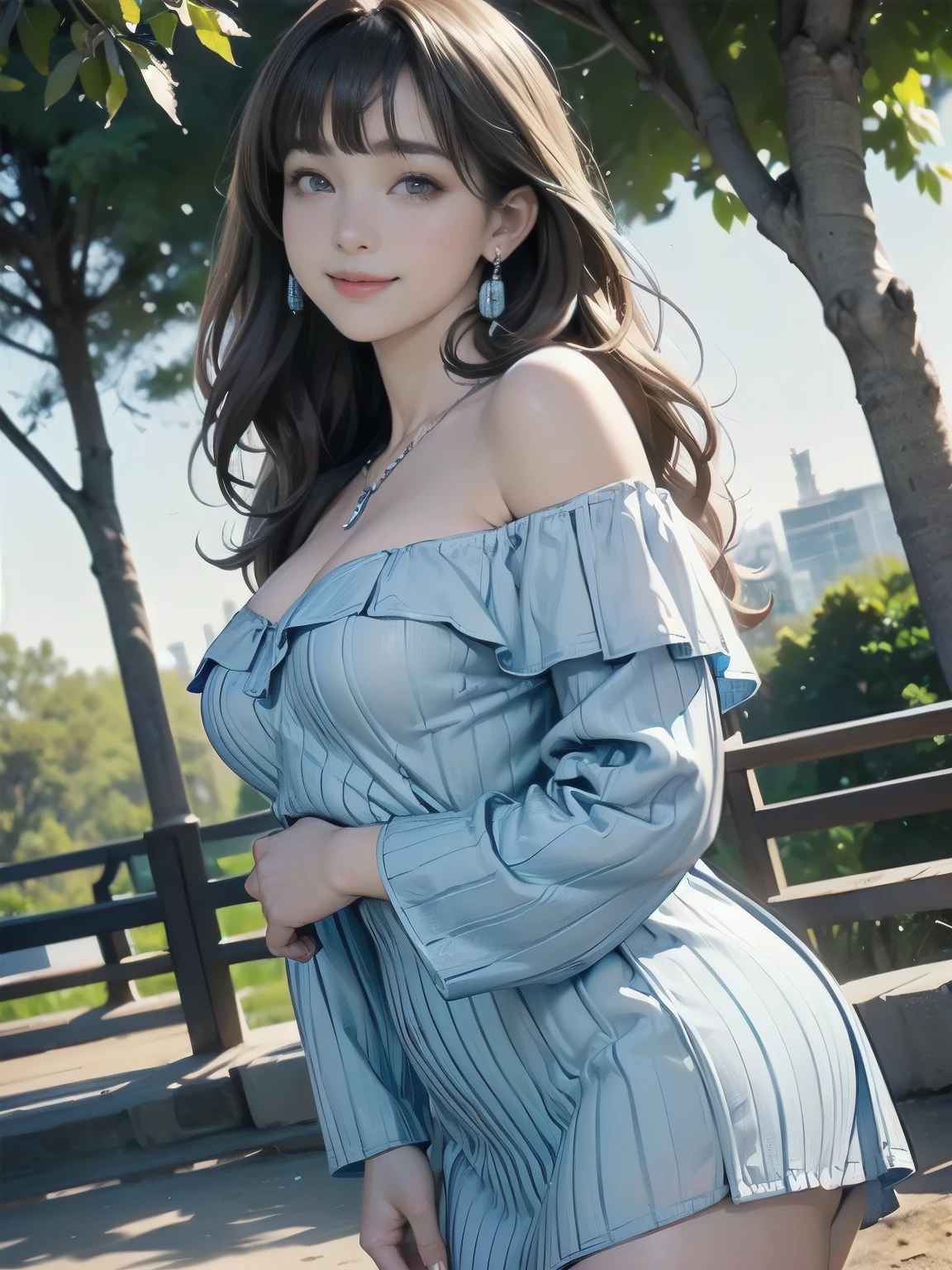 ((((highest quality))))、(((Ultra-precision CG16K wallpaper)))、(((masterpiece)))、(((Super detailed)))、(((super extreme details)))、((１people&#39;s women:1.5))、Mature 24 year old woman、((Japanese face))、((very beautiful face))、((Mai Shiraishi:1.5))、((straight semi-long hair、blunt bangs:1.5))、(shiny brown hair)、beautiful delicate eyes、brown eyes、raised eyebrows、high nose、small nostrils、small mouth、seductive lips、beautiful breasts、((C cup size breasts))、cleavage、plump body、(Chubby body type)、perfect proportions、perfect anatomy、perfect composition、beautiful detailed shading、beautiful natural lighting、beautiful detail glow、Depth of the bounds written、(((High chroma)))、(((real:1.9)))、((vivid:1.5))、((edge:1.6))、((beautiful skin))、((skin texture))、((realな皮膚感))、(((cowboy shot:1.8)))、((Front view、Low - Angle:1.8))、((shy smile:1.5))、(Eyes looking at me:1.5)、Bright daylight、Natural light、(((Outdoor park:1.5)))、(standing pose:1.5)、(((Light blue off-shoulder ribbed mini dress:1.6)))、((earrings、wearing necklace:1.3))、