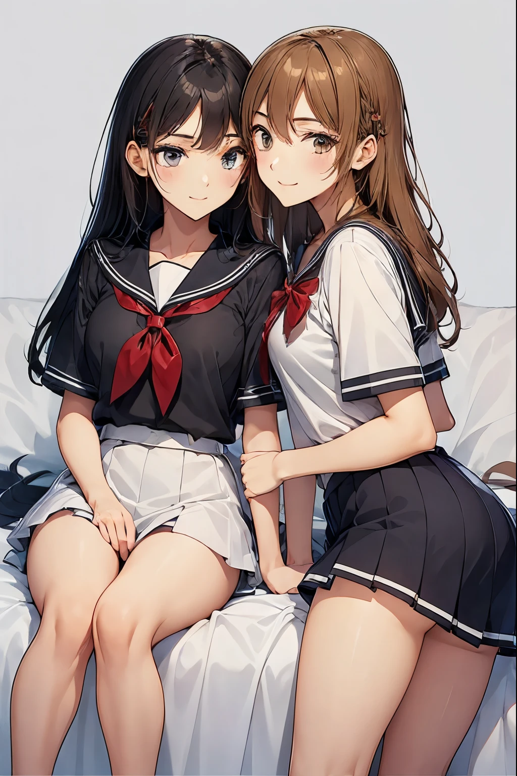 Two high school girls kissing on the bed、seductive smile、