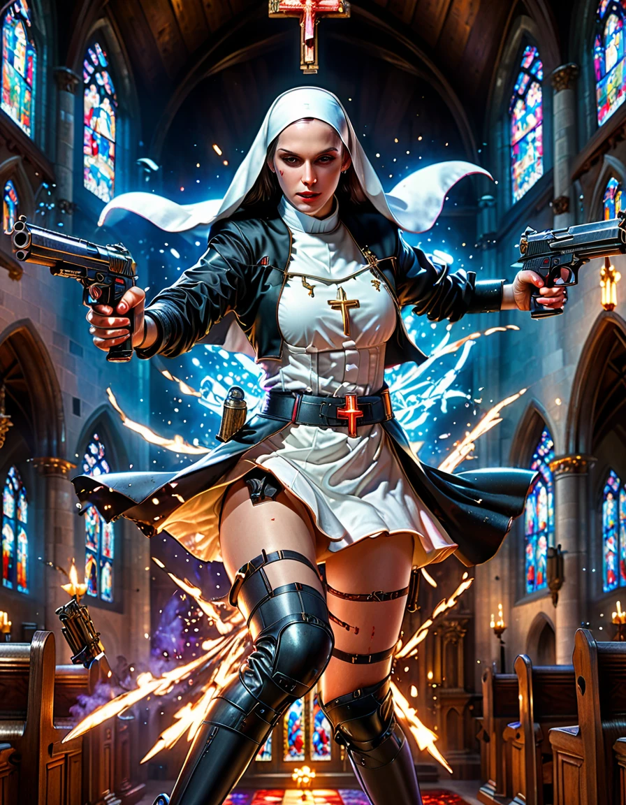(nun in beautiful church:1.6),Point your Desert Eagle pistol at you with both hands,Fantasy fairy tale background,fear,bloody,Ultra HD animation,Beautiful animation,Neon lights,(Liquid light background),(UHD, masterpiece, ccurate, anatomically correct, textured skin, super detail, high details, award winning, best quality, 8k)