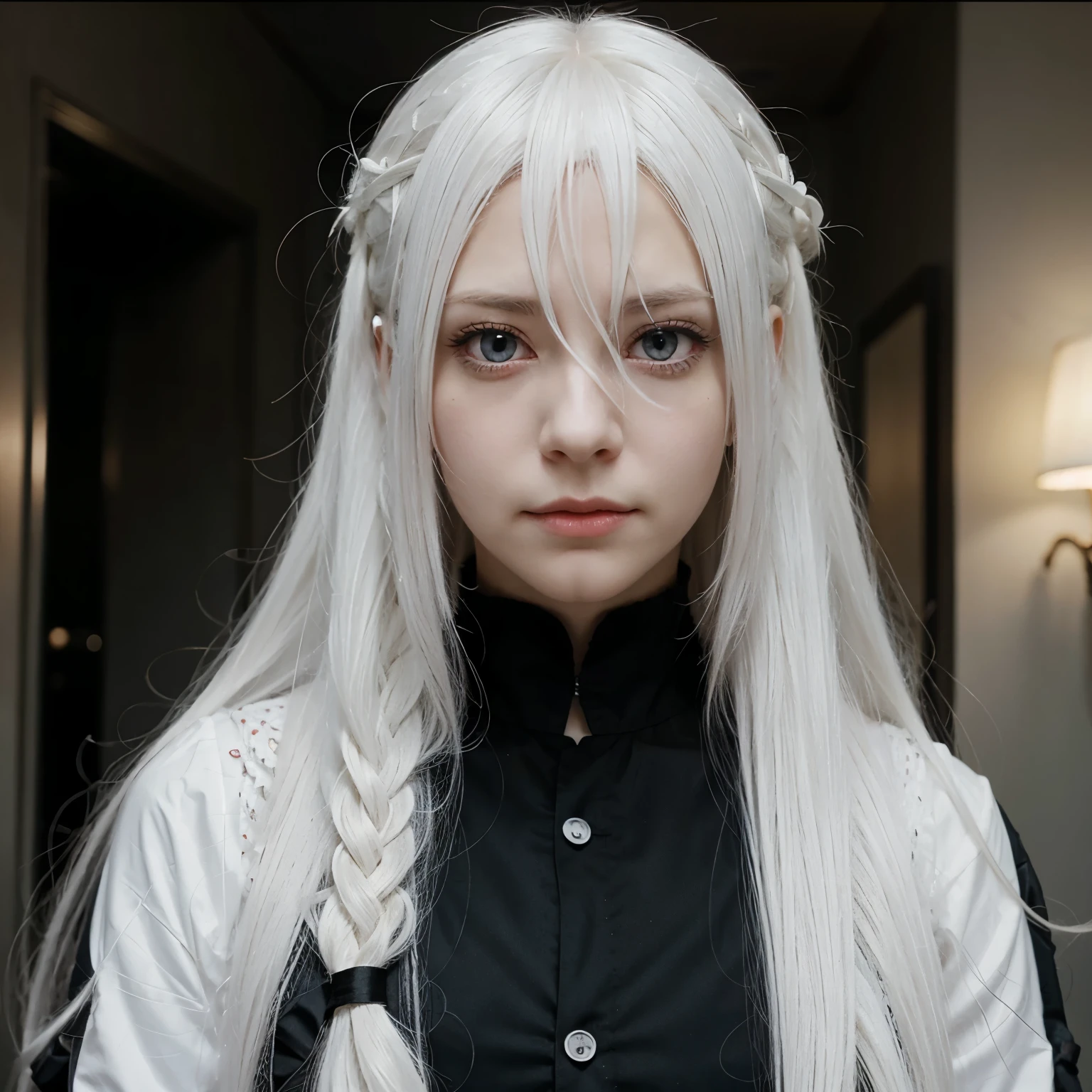 Long white hair, red eyes, , from the anime black butler