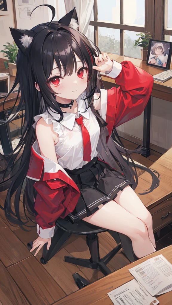 black hair、Cat ear、child、angelic smile、blushing cheeks、Ahoge、happy eyes、Emotionally-intense、black eyes、((AA Cup))、is seperated、desk and chair、Watching from the front、sitting、Very tired、((Alice))、((two arms))、((Black collar))、((There is coffee on the desk))、Natural 、((resting on chin)),((Red clothes))、((red eyes))