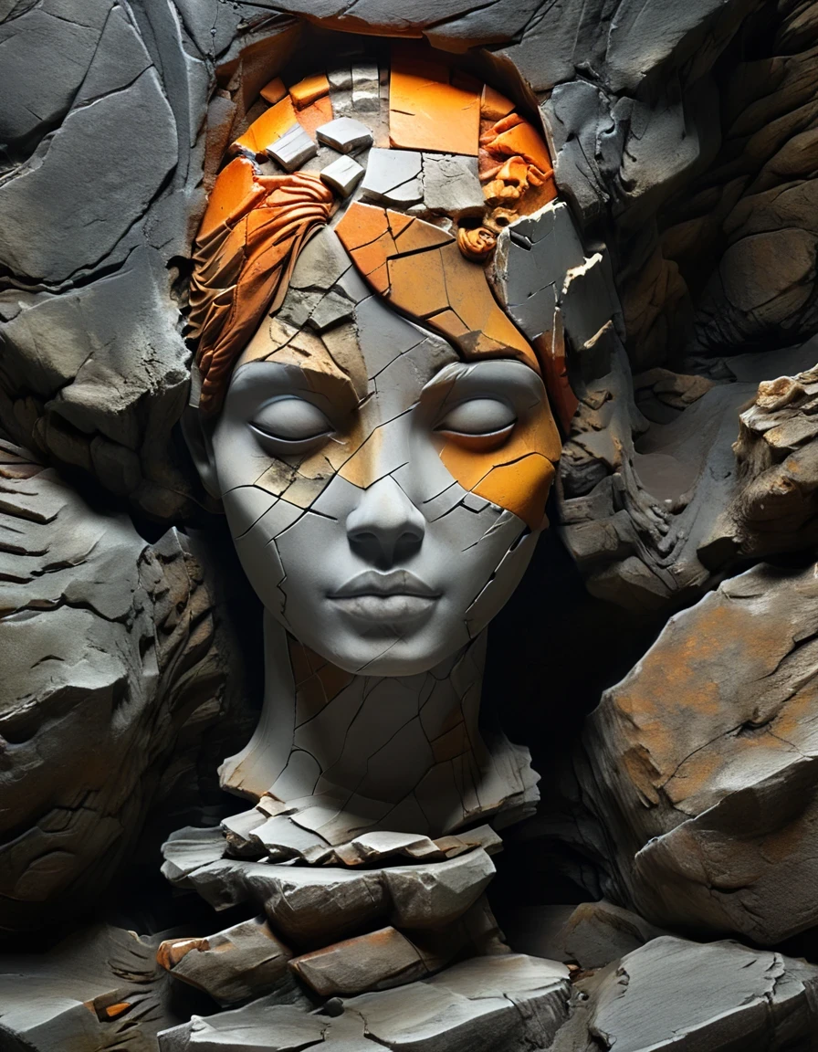 minimalist art，in style of Patchwork  ,digital art of A stone carving of a girl's head, ancient rhyme in four colors (black, orange, brown and gray), mottled and plain, rough outside and fine inside, dirty and clean inside, carved inside, damaged rock, shabby, irregular, spliced stone, rock background, rock statue, by Li Mei-shu, beautiful depiction, mysterious ceramic statue, centered portrait,,Matte Painting,Rock Art,Assemblage ,Figurine,Hardstone Carving,Puppet,Sculpture,Unreal engine,octane render,rendered in octane,Close-Up(CU),medium close up,Hand Painted