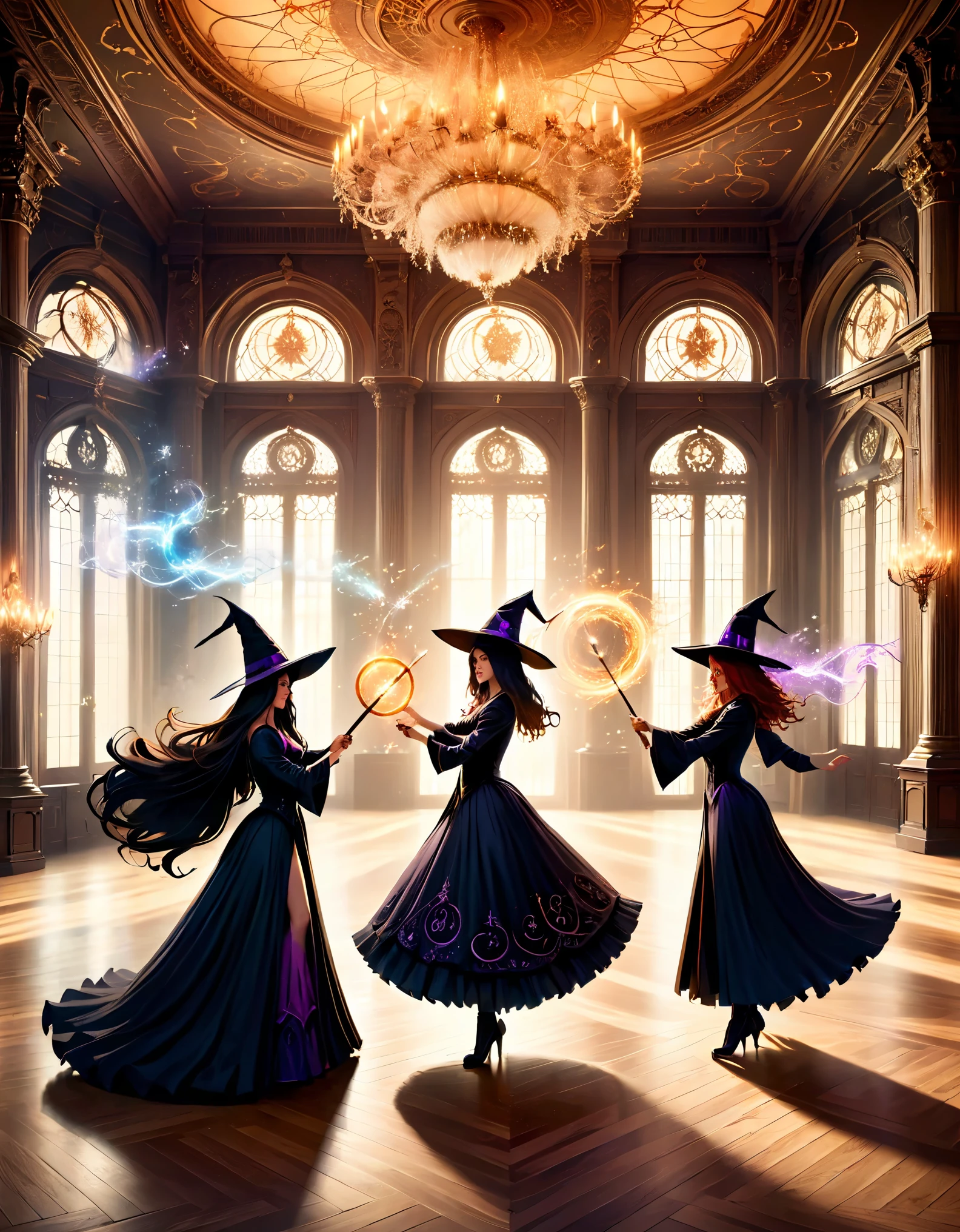 Glamorous witches practicing wand dueling in a grand, opulent ballroom adorned with intricate magical sigils.