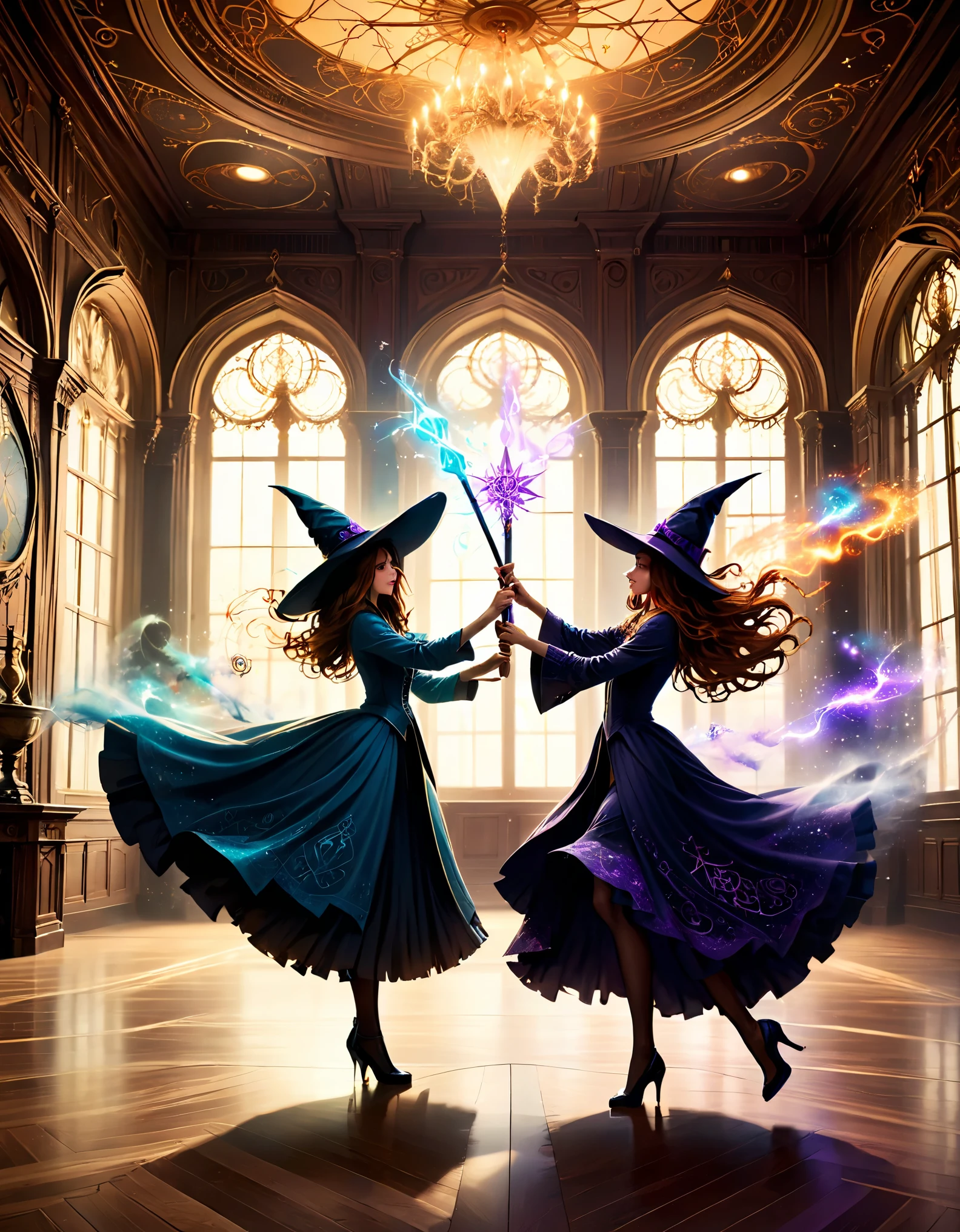 Glamorous witches practicing wand dueling in a grand, opulent ballroom adorned with intricate magical sigils.