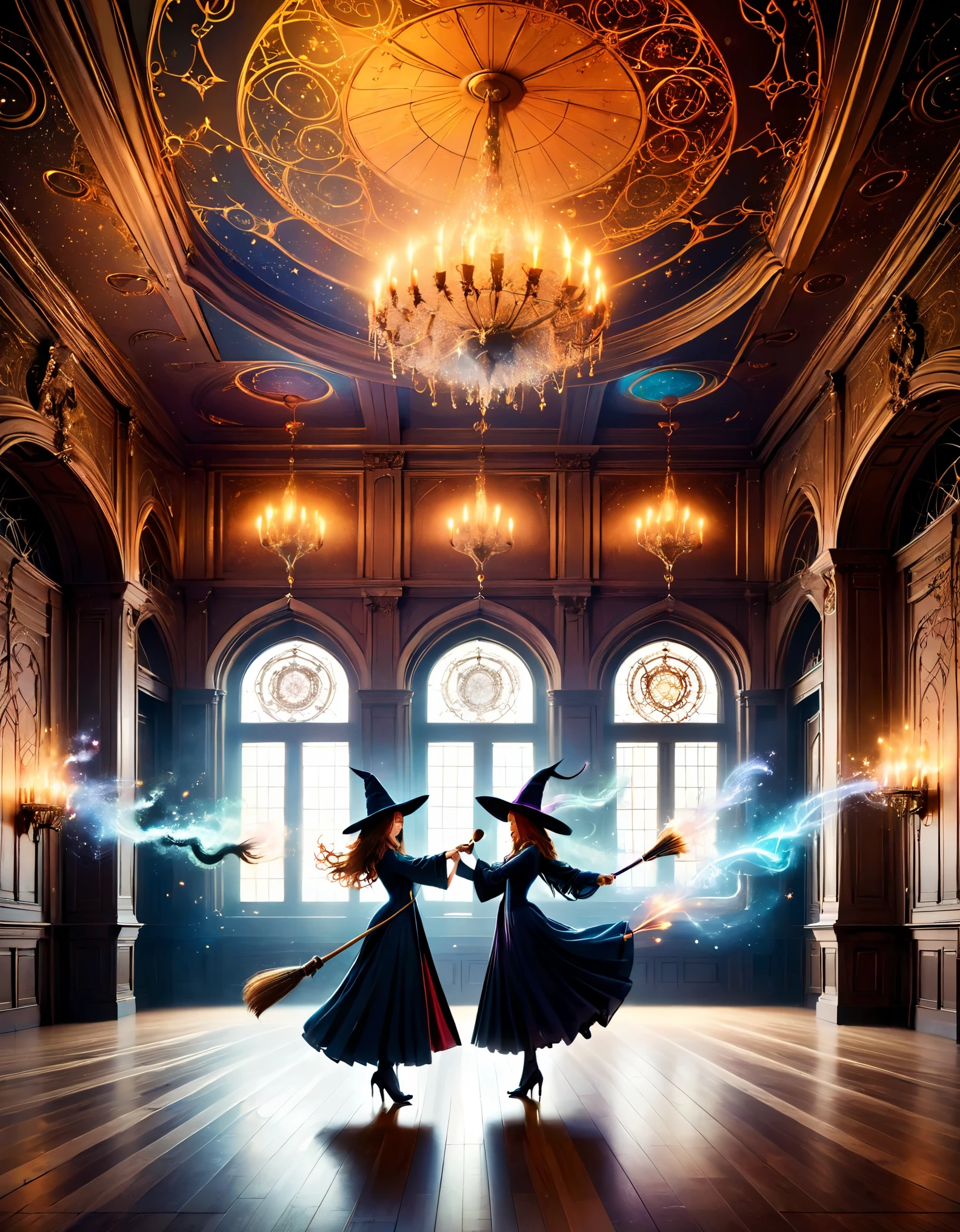 Glamorous witches practicing wand dueling in a grand, opulent ballroom adorned with intricate magical sigils.