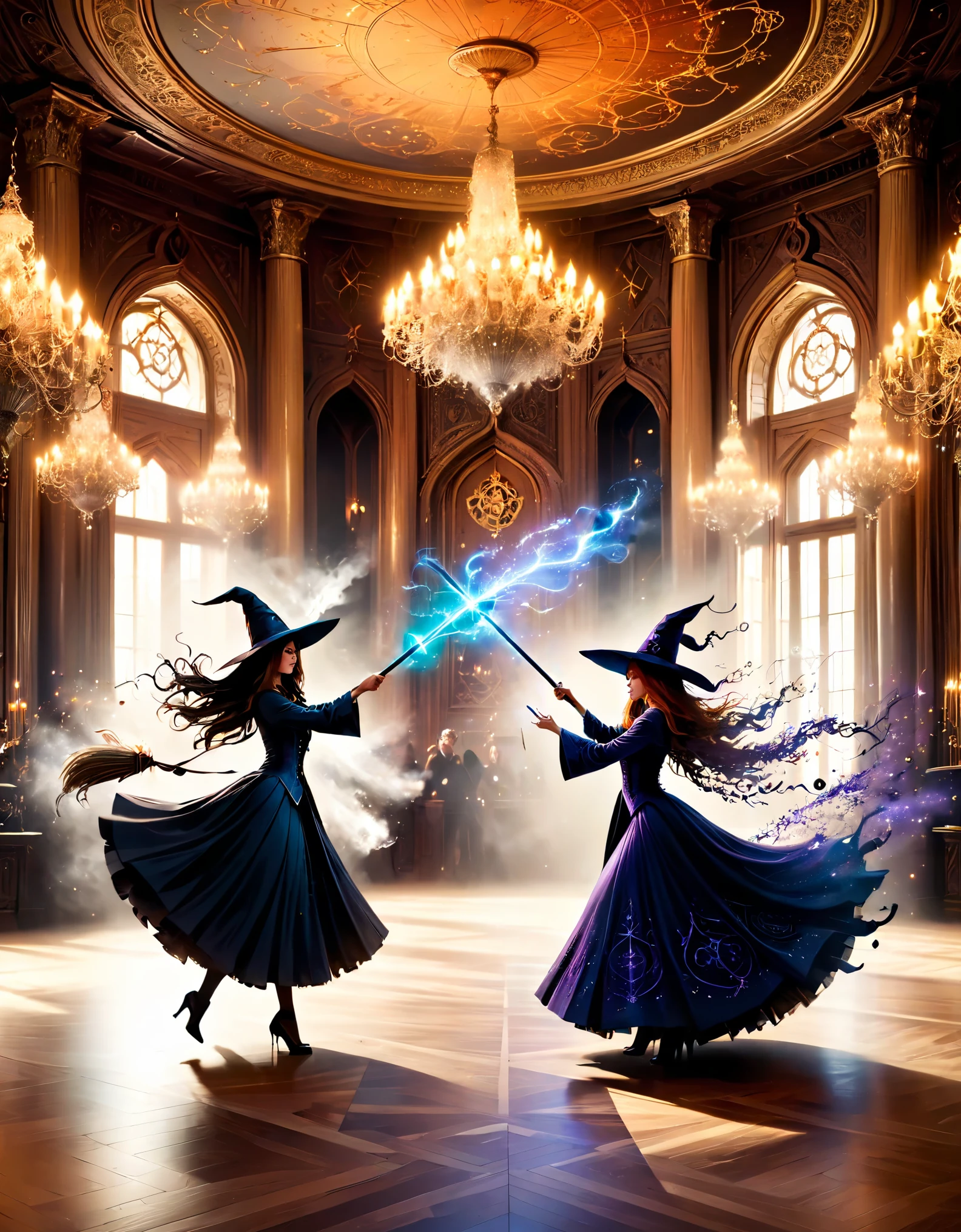 Glamorous witches practicing wand dueling in a grand, opulent ballroom adorned with intricate magical sigils.