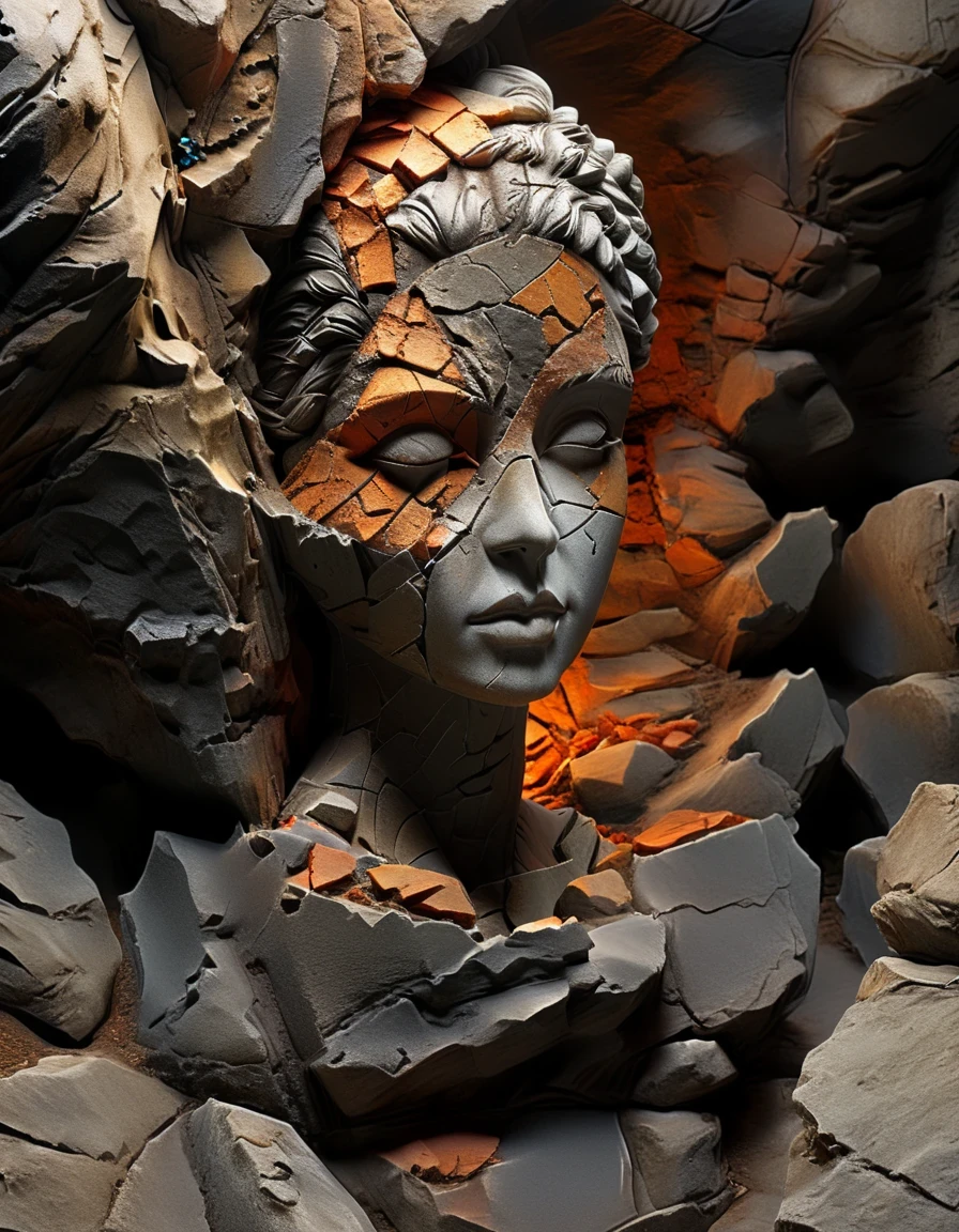 minimalist art，in style of Patchwork  ,digital art of A stone carving of a girl's head, ancient rhyme in four colors (black, orange, brown and gray), mottled and plain, rough outside and fine inside, dirty and clean inside, carved inside, damaged rock, shabby, irregular, spliced stone, rock background, rock statue, by Li Mei-shu, beautiful depiction, mysterious ceramic statue, centered portrait,,Matte Painting,Rock Art,Assemblage ,Figurine,Hardstone Carving,Puppet,Sculpture,Unreal engine,octane render,rendered in octane,Close-Up(CU),medium close up,Hand Painted