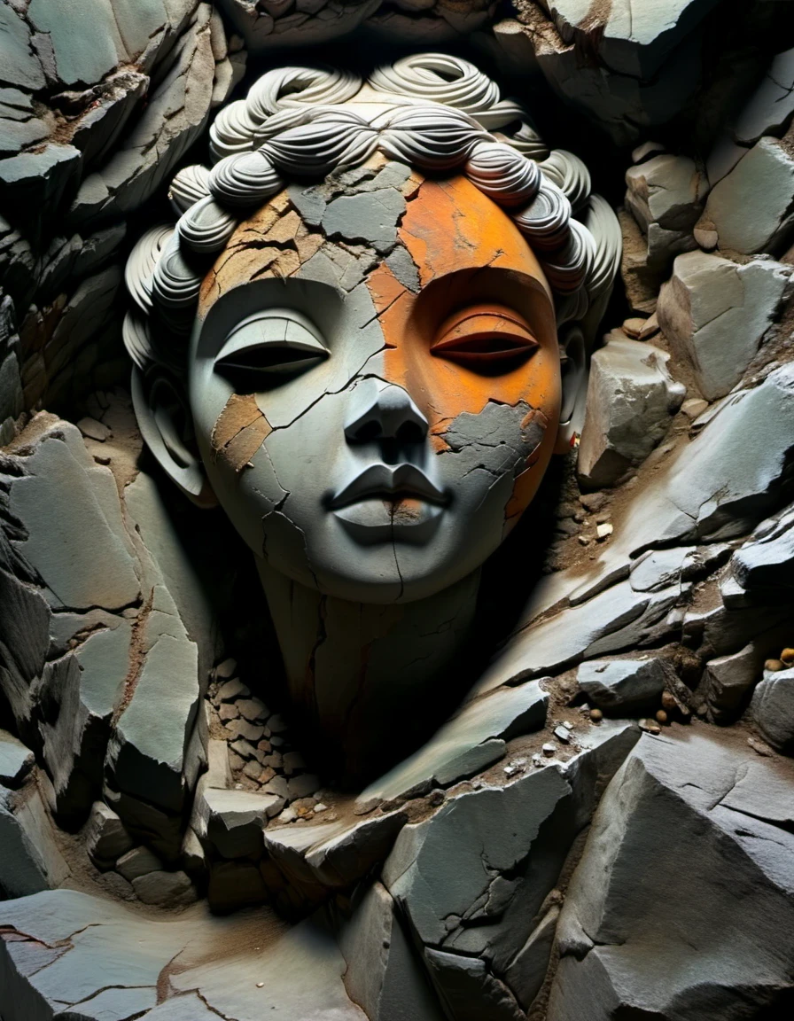 in style of Terracotta artwork ,  A stone carving of a girl's head, ancient rhyme in four colors (black, orange, brown and gray), mottled and plain, rough outside and fine inside, dirty and clean inside, carved inside, damaged rock, shabby, irregular, spliced stone, rock background, rock statue, by Li Mei-shu, beautiful depiction, mysterious ceramic statue, centered portrait,,Matte Painting,Rock Art,Assemblage ,Figurine,Hardstone Carving,Puppet,Sculpture,Unreal engine,octane render,rendered in octane,Close-Up(CU),medium close up,Hand Painted