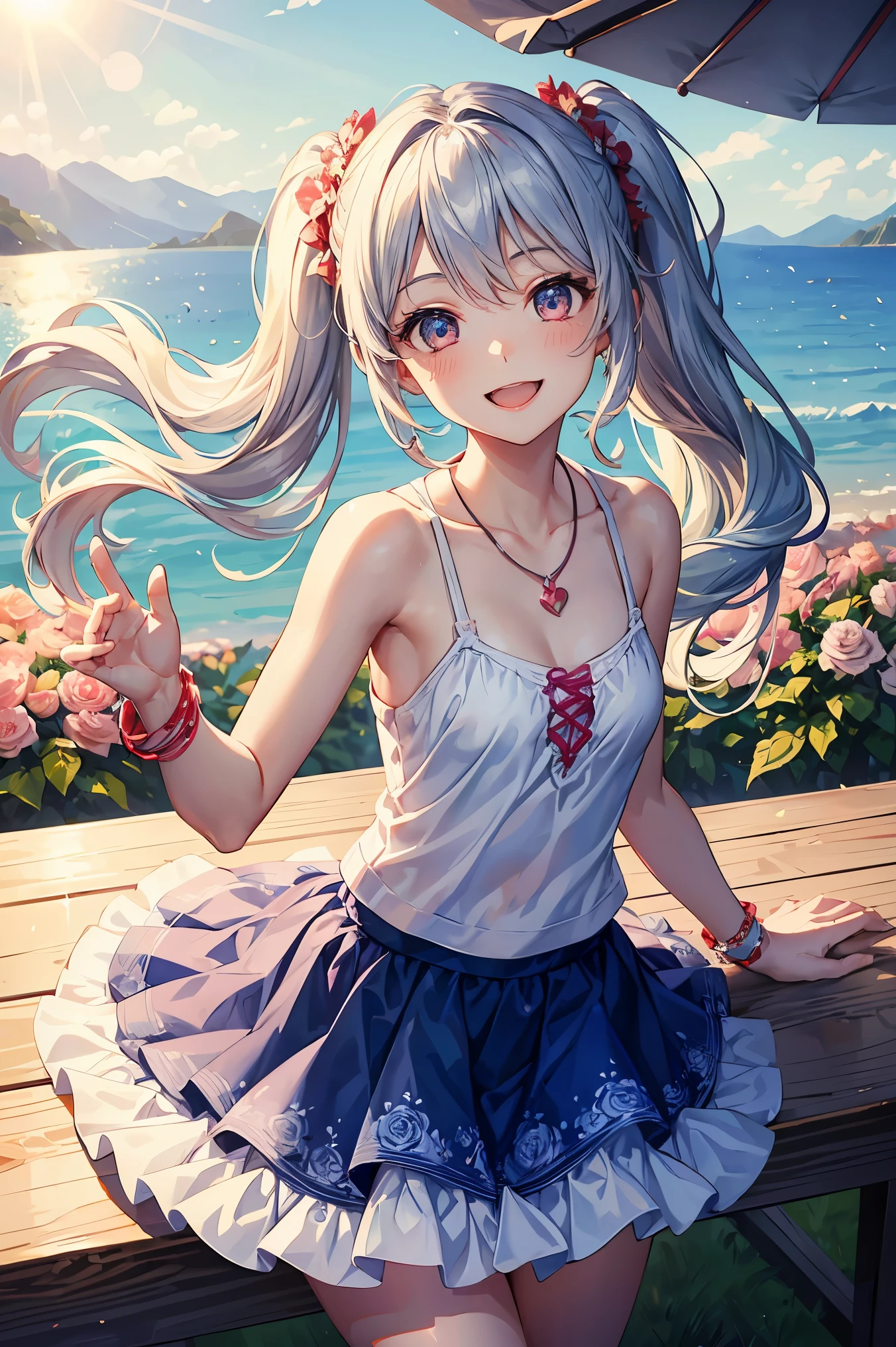 red glasses、小さなgirl、big 、 (alone:1.5,)Super detailed,bright colors, very beautiful detailed anime face and eyes,highest quality, hyper detail, masterpiece, (detailed face)、((sharp focus))、, ;shiny_skin,girl, ((gradient hair, , Half white、Half green hair: 1.2)) 、forehead is exposed、shiny hair, delicate beautiful face, blush、(turquoise eyes), White skin, Valletta, maturings,、sandy beach、sunset、((ribbon、(check、Oversized tops、Floral、Sporty skirts)))、twin tails、smile、happy face、face dyed red