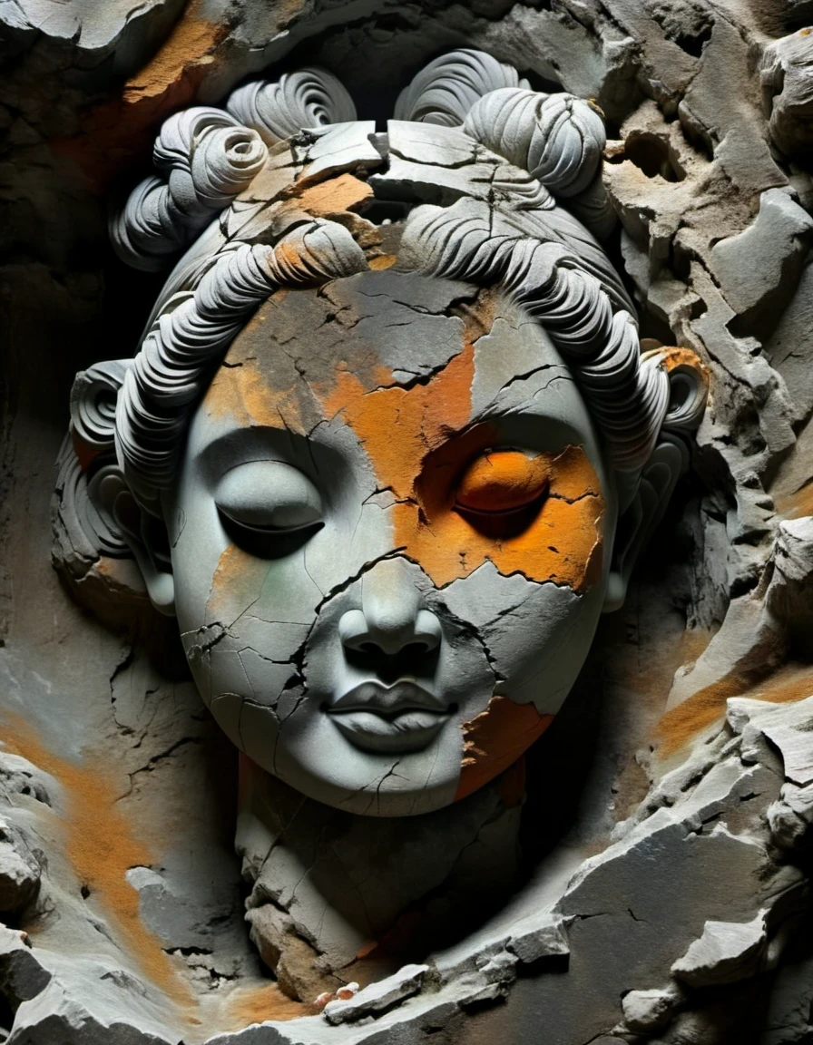 in style of Minimalist , portrait，digital art of A stone carving of a Chinese girl's head, ancient rhyme in four colors (black, orange, brown and gray), mottled and plain, rough outside and fine inside, dirty and clean inside, carved inside, damaged rock, shabby, irregular, spliced stone, rock background, rock statue, by Li Mei-shu, beautiful depiction, mysterious ceramic statue, centered portrait,,Matte Painting,Rock Art,Assemblage ,Figurine,Hardstone Carving,Puppet,Sculpture,Unreal engine,octane render,rendered in octane,Close-Up(CU),medium close up,Hand Painted