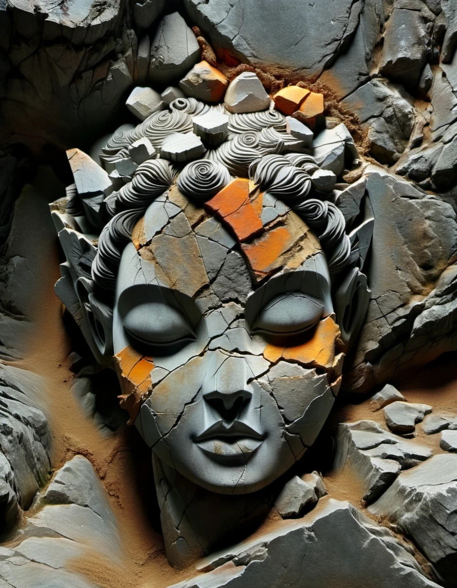 minimalist art,in style of Patchwork ,digital art of A stone carving of a girl's head, ancient rhyme in four colors (black, orange, brown and gray), mottled and plain, rough outside and fine inside, dirty and clean inside, carved inside, damaged rock, shabby, irregular, spliced stone, rock background, rock statue, by Li Mei-shu, beautiful depiction, mysterious ceramic statue, centered portrait,,Matte Painting,Rock Art,Assemblage ,Figurine,Hardstone Carving,Puppet,Sculpture,Unreal engine,octane render,rendered in octane,Close-Up(CU),medium close up,Hand Painted