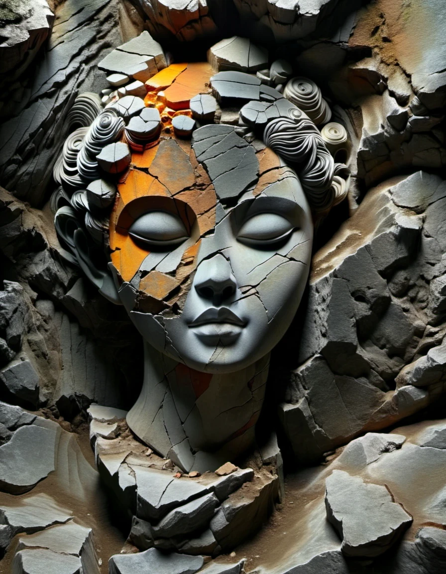 minimalist art，in style of Patchwork  ,digital art of A stone carving of a girl's head, ancient rhyme in four colors (black, orange, brown and gray), mottled and plain, rough outside and fine inside, dirty and clean inside, carved inside, damaged rock, shabby, irregular, spliced stone, rock background, rock statue, by Li Mei-shu, beautiful depiction, mysterious ceramic statue, centered portrait,,Matte Painting,Rock Art,Assemblage ,Figurine,Hardstone Carving,Puppet,Sculpture,Unreal engine,octane render,rendered in octane,Close-Up(CU),medium close up,Hand Painted